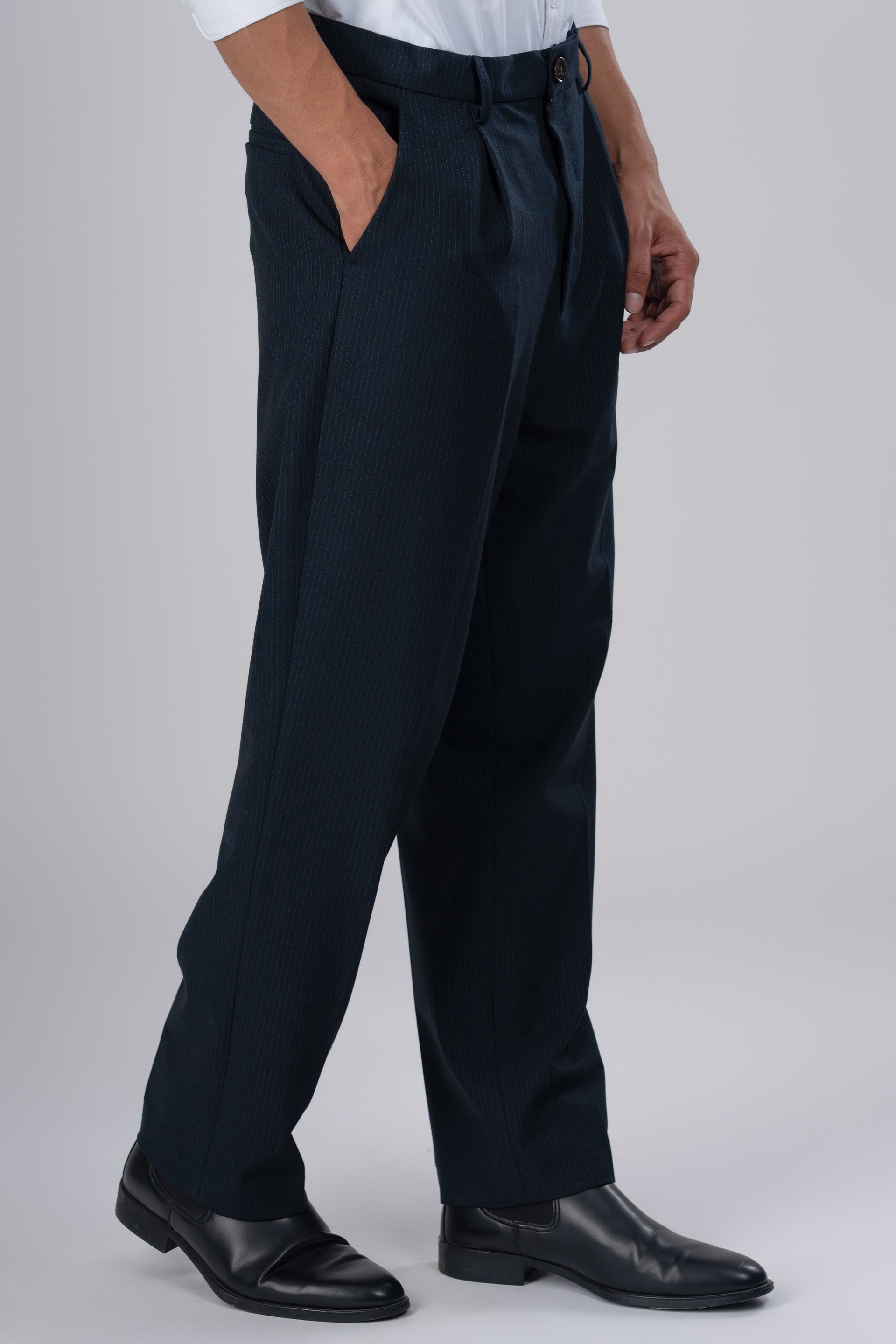 Easy Iron Pinstriped Relaxed Trousers In Navy