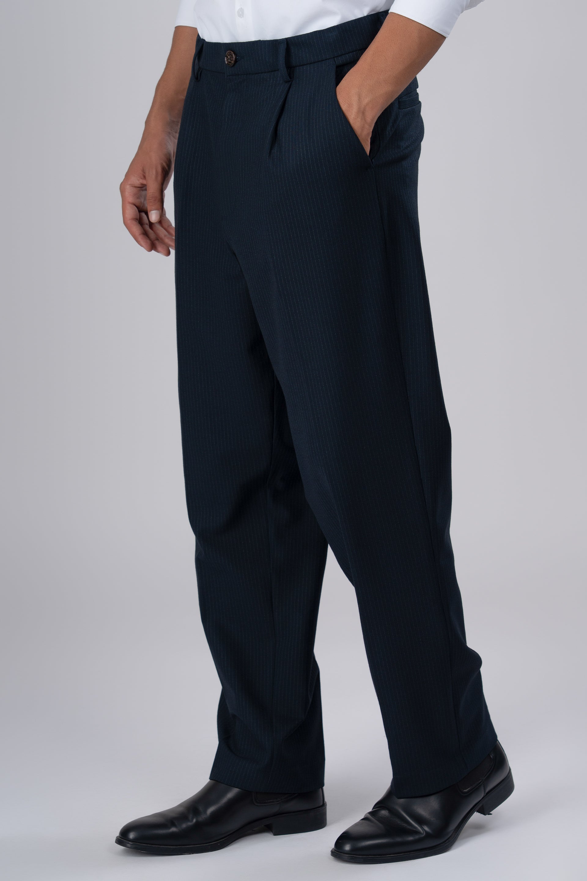 Easy Iron Pinstriped Relaxed Trousers In Navy