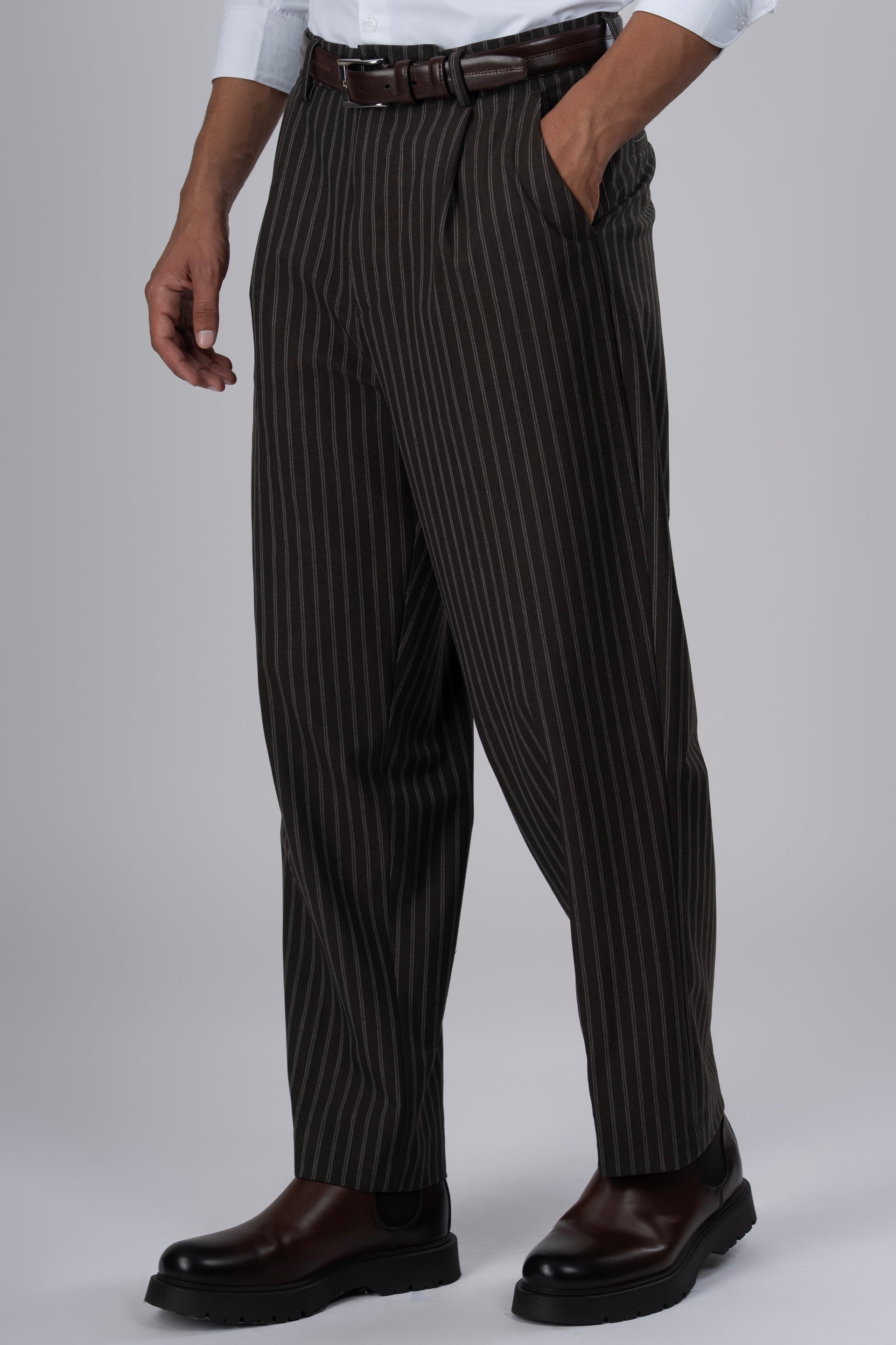Easy Iron Striped Relaxed Trousers In Brown