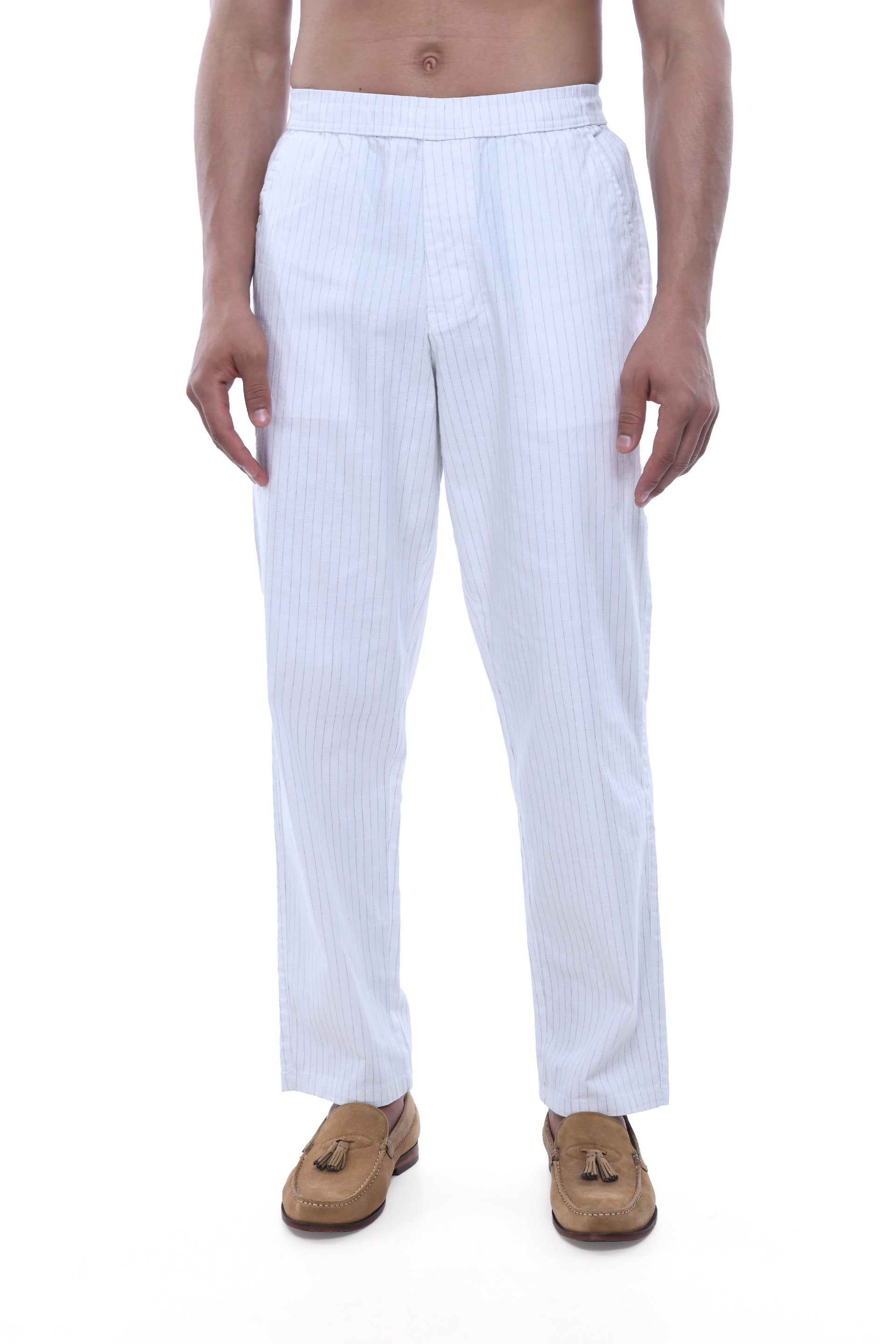 RELAXED STRIPED COTTON PANTS IN WHITE