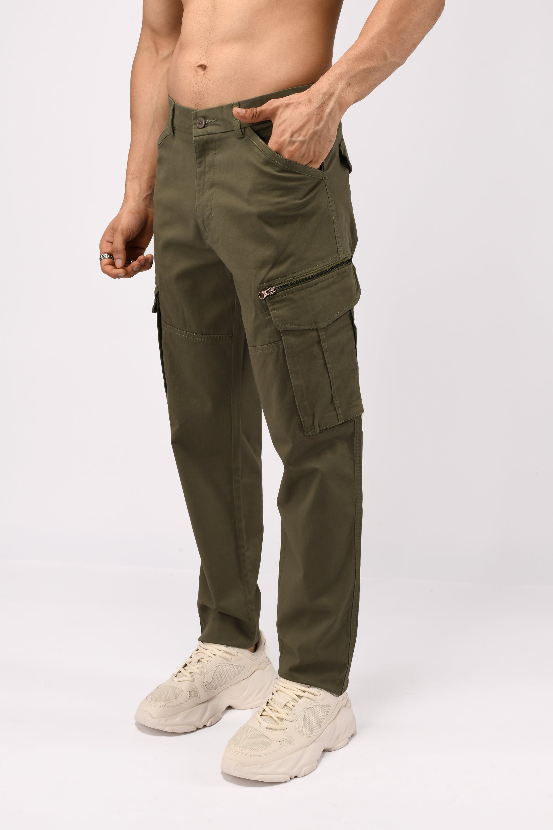 Utility Zip Tailored Cargo Pants In Olive