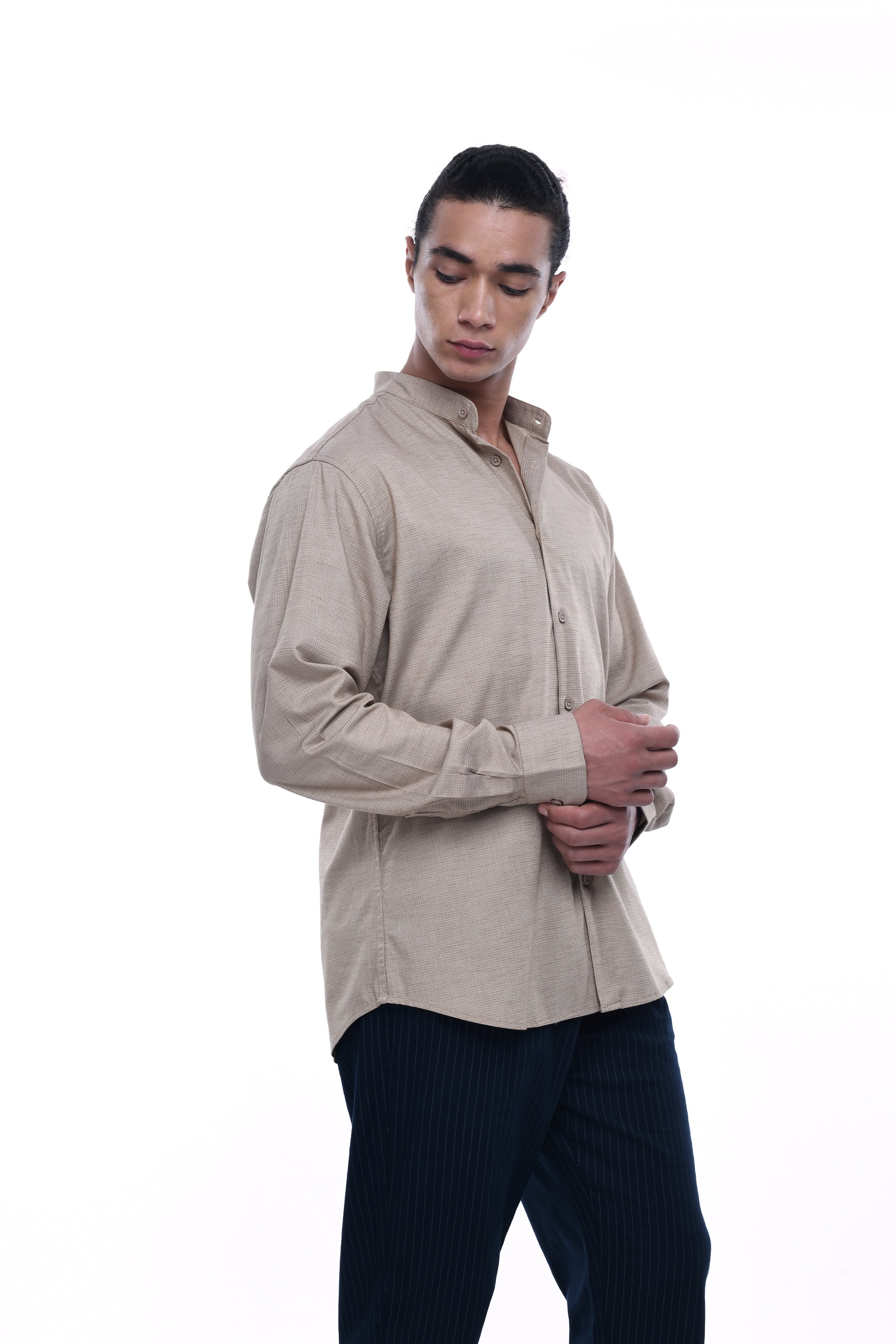 STRUCTURED MODAL MANDARIN SHIRT IN BEIGE