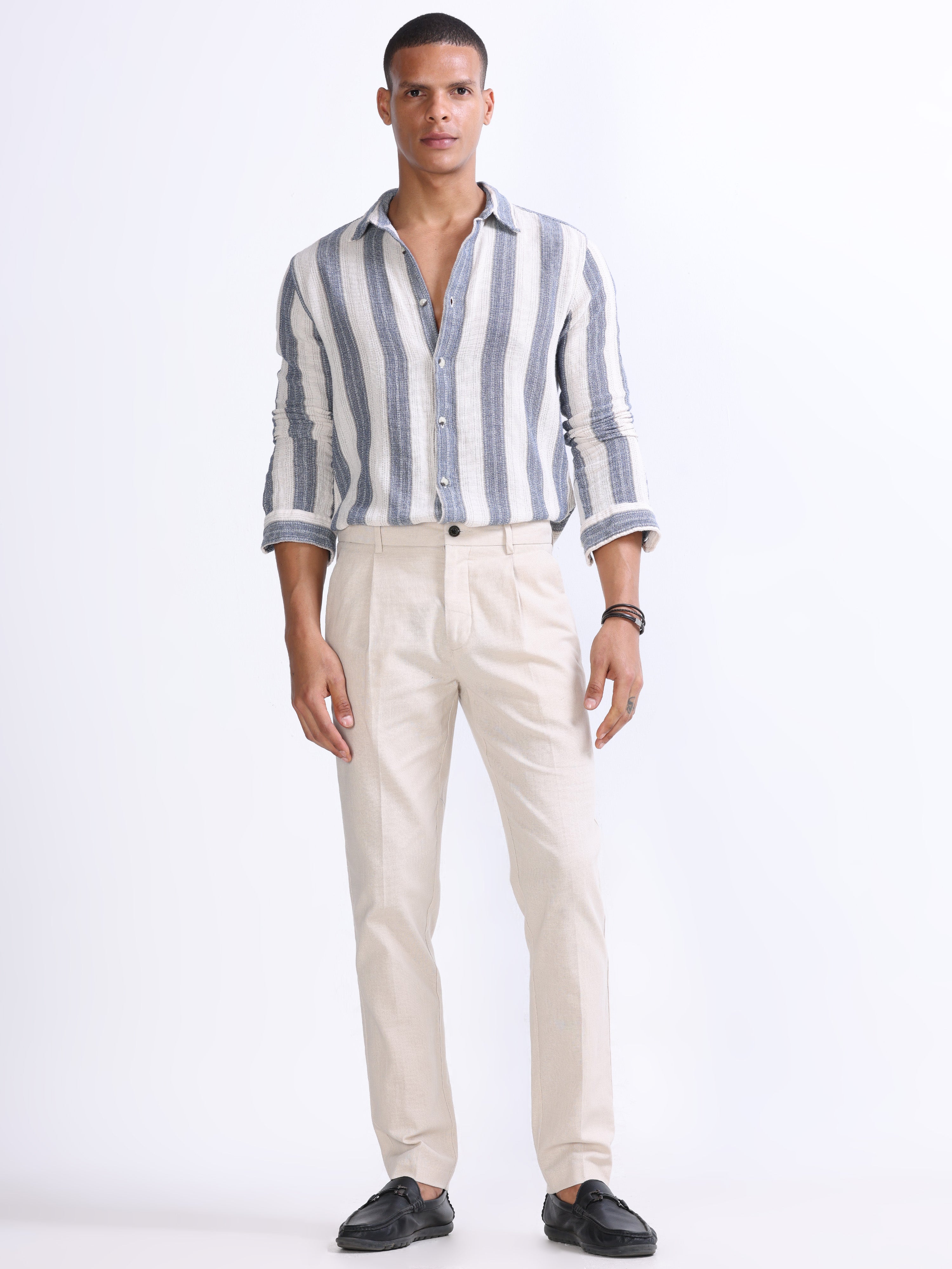 RAW SLUB PLEATED TROUSER IN CREAM