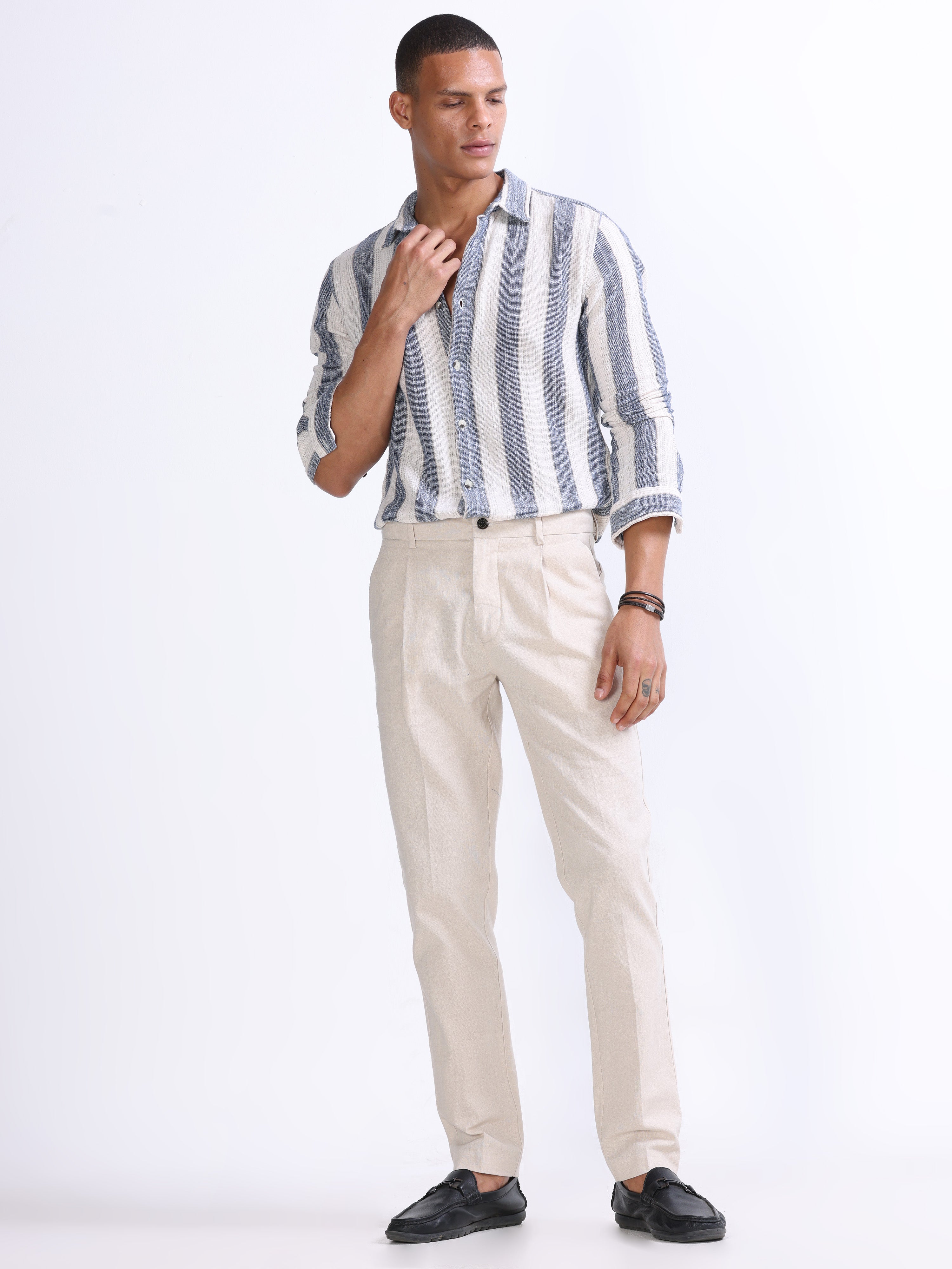 RAW SLUB PLEATED TROUSER IN CREAM