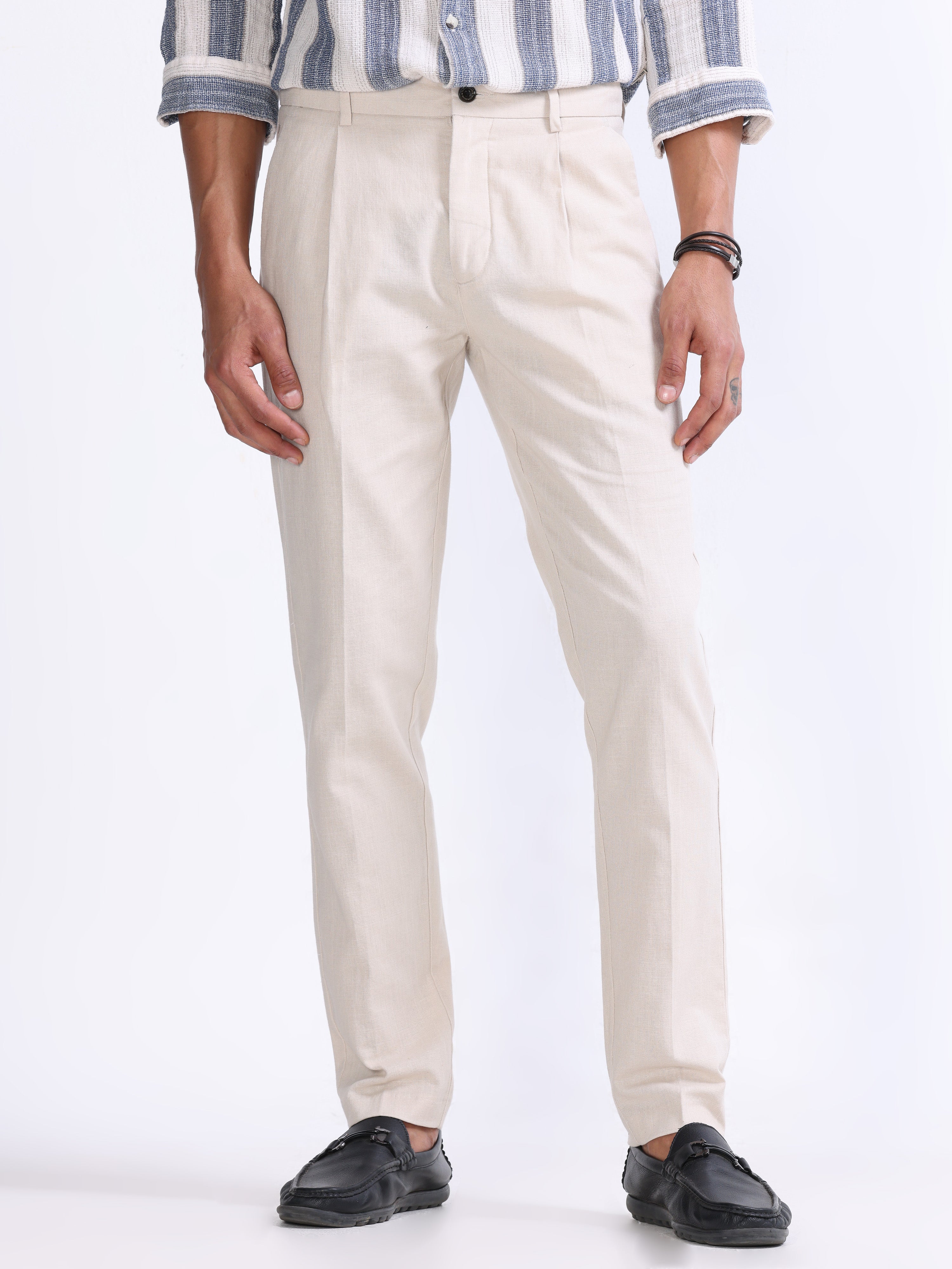 RAW SLUB PLEATED TROUSER IN CREAM