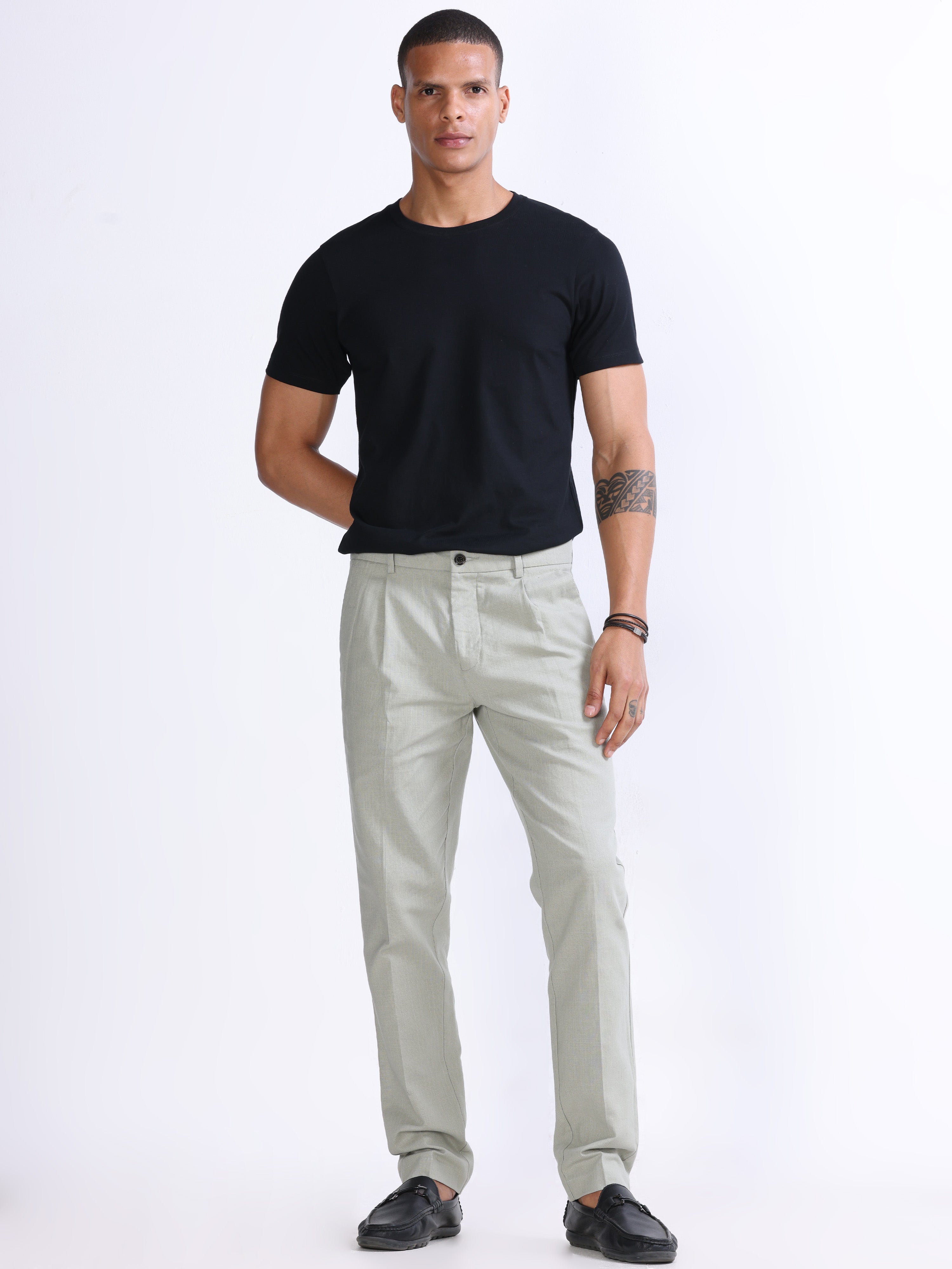 RAW SLUB PLEATED TROUSER IN PISTACHIO