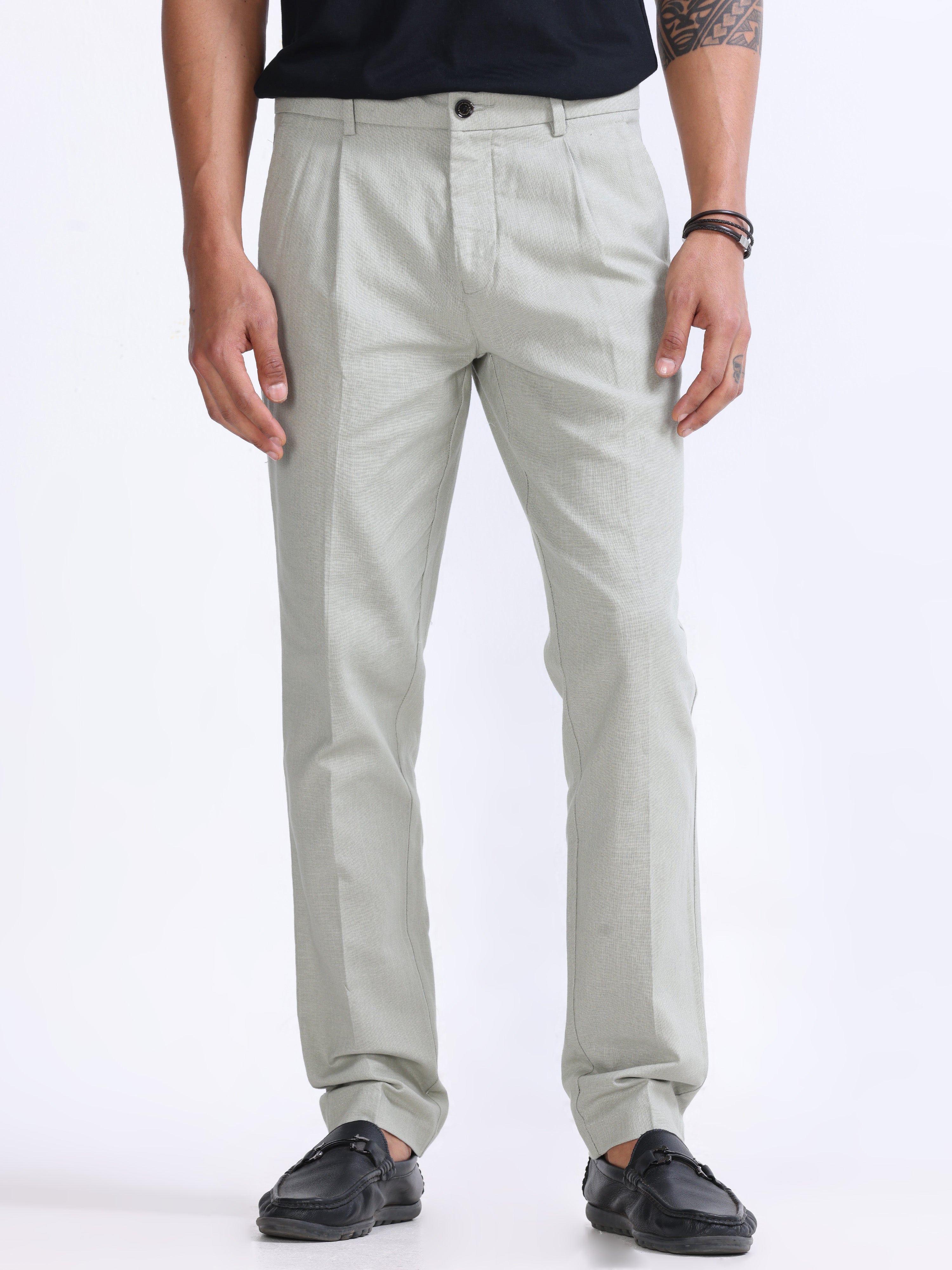 RAW SLUB PLEATED TROUSER IN PISTACHIO