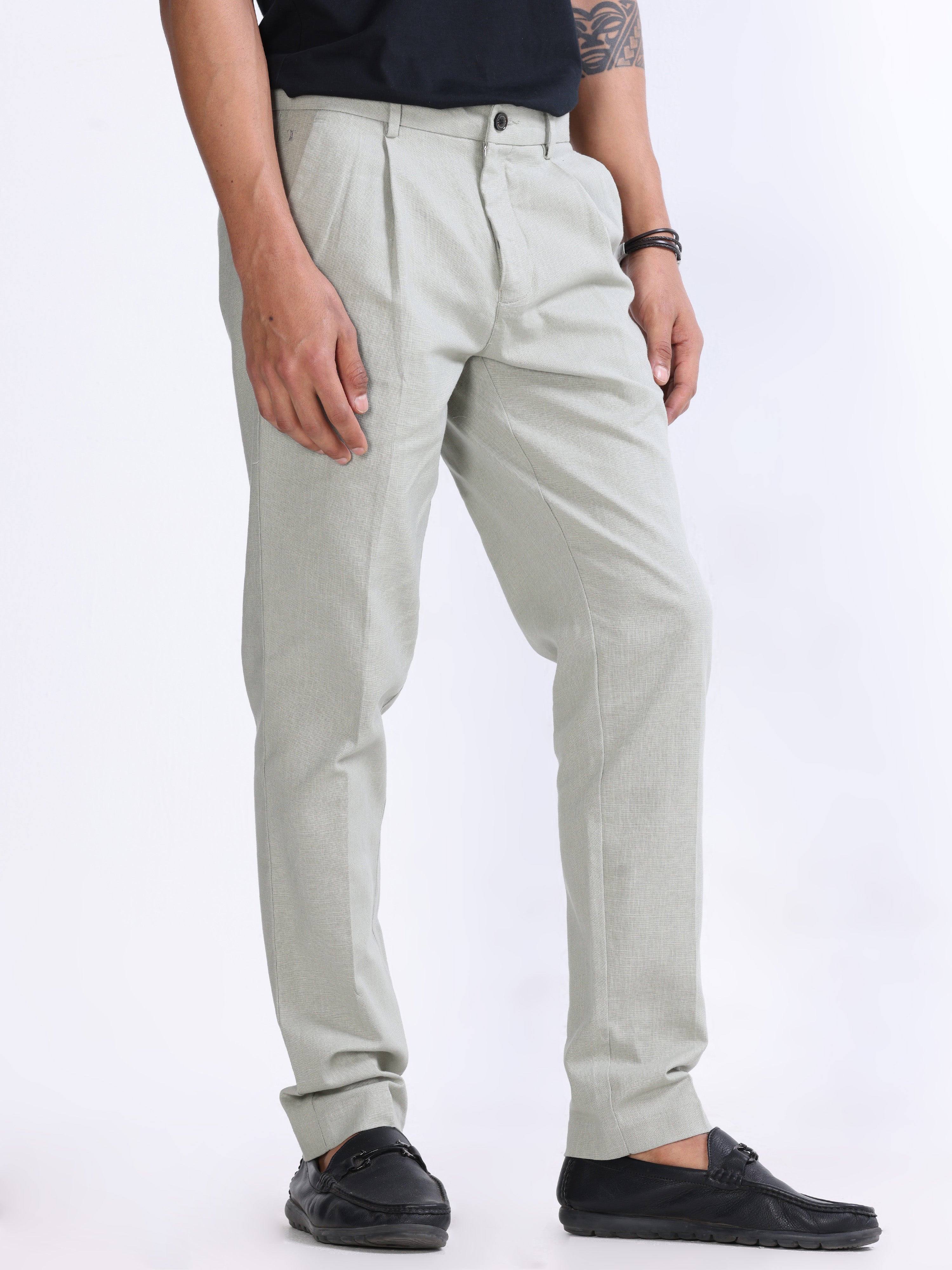 RAW SLUB PLEATED TROUSER IN PISTACHIO