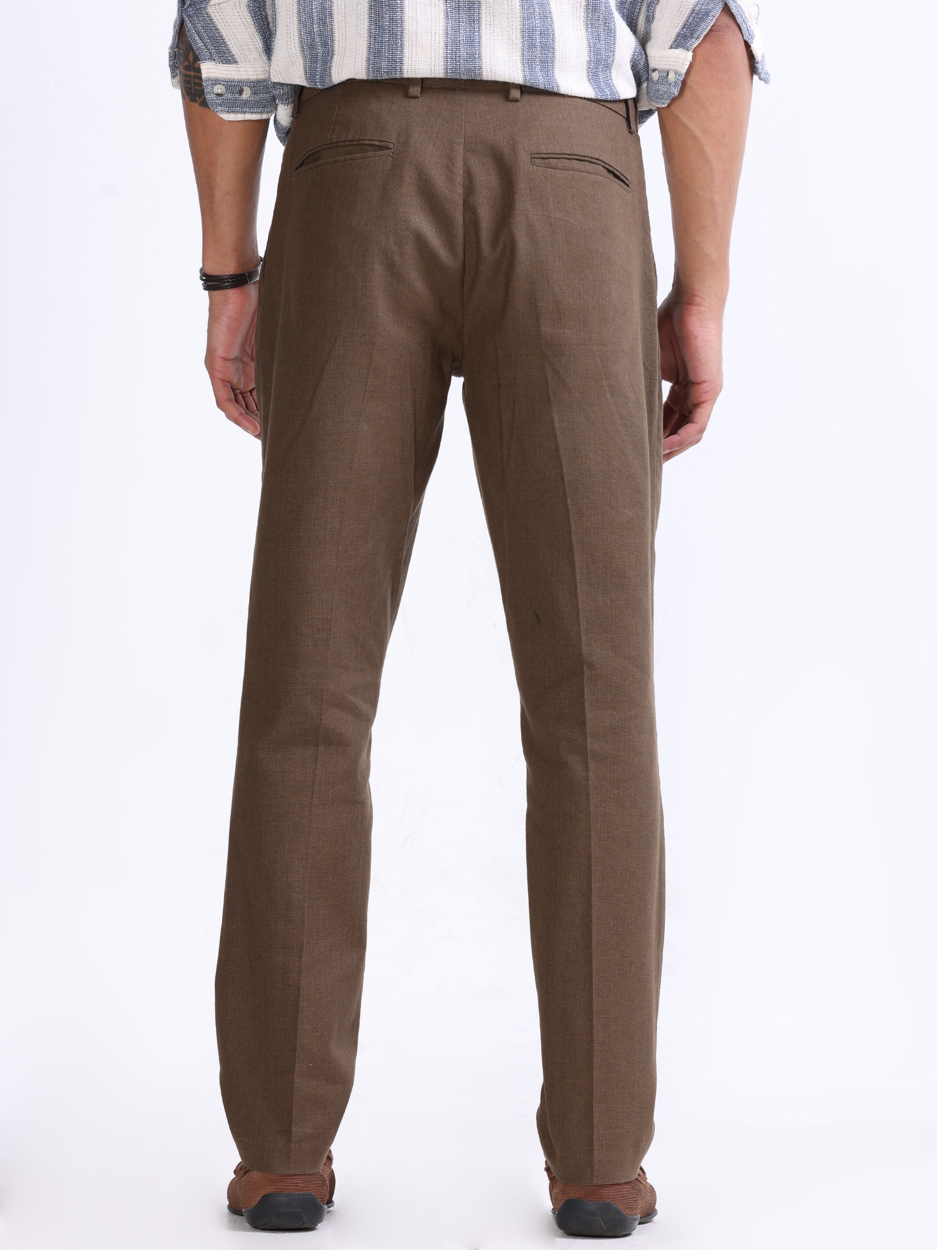 RAW SLUB PLEATED TROUSER IN FUR BROWN