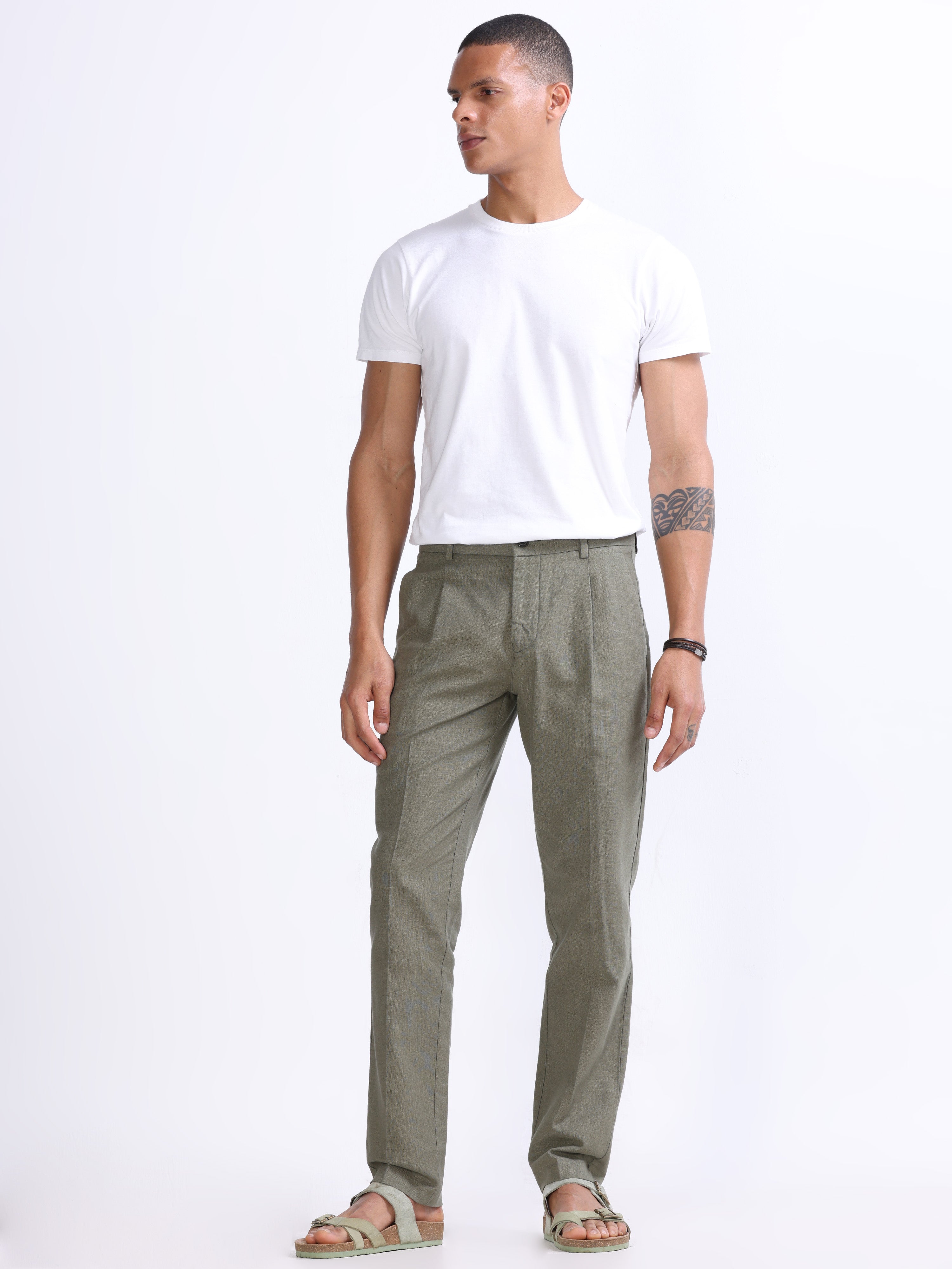RAW SLUB PLEATED TROUSER IN PINE OLIVE