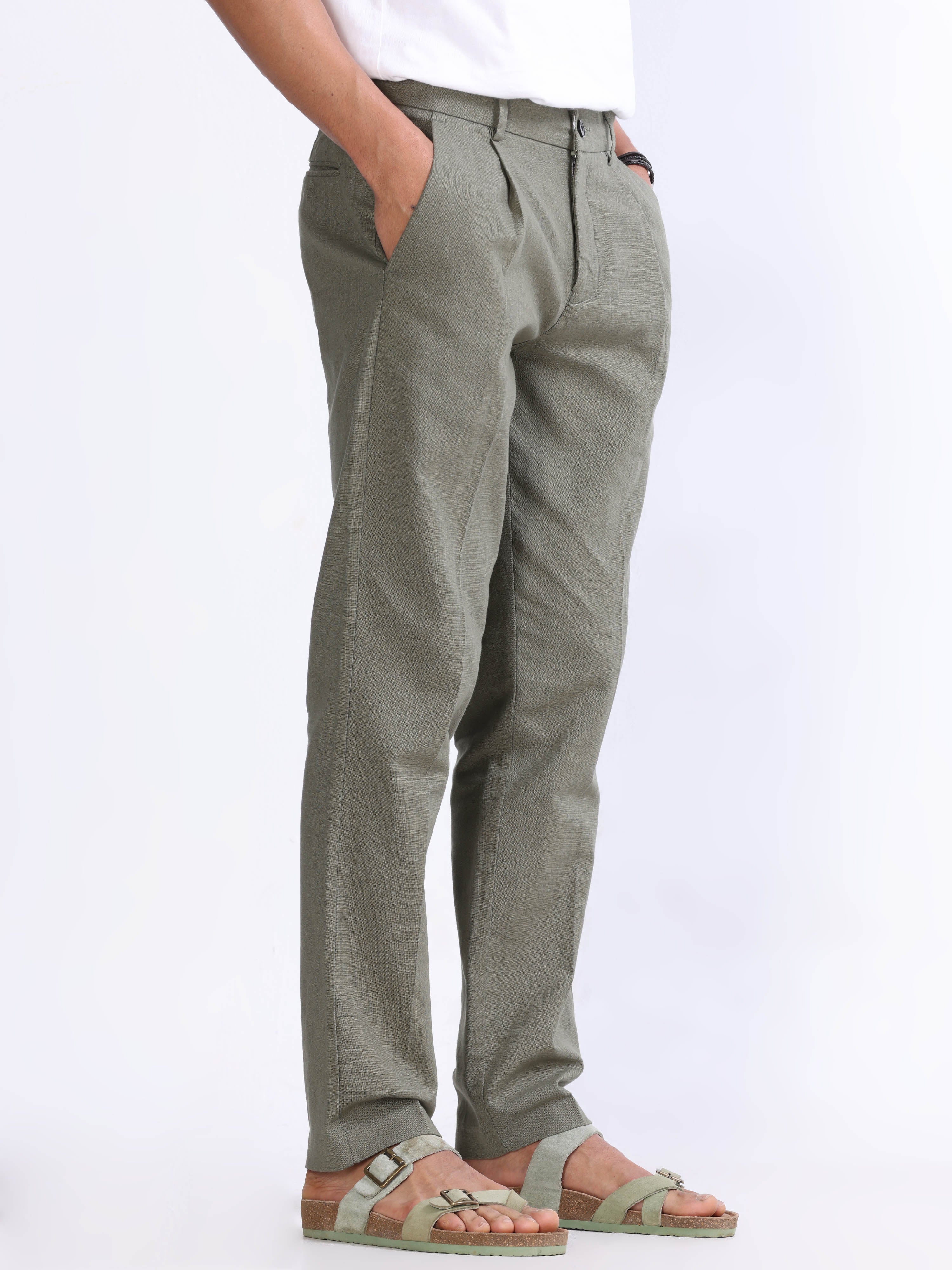RAW SLUB PLEATED TROUSER IN PINE OLIVE