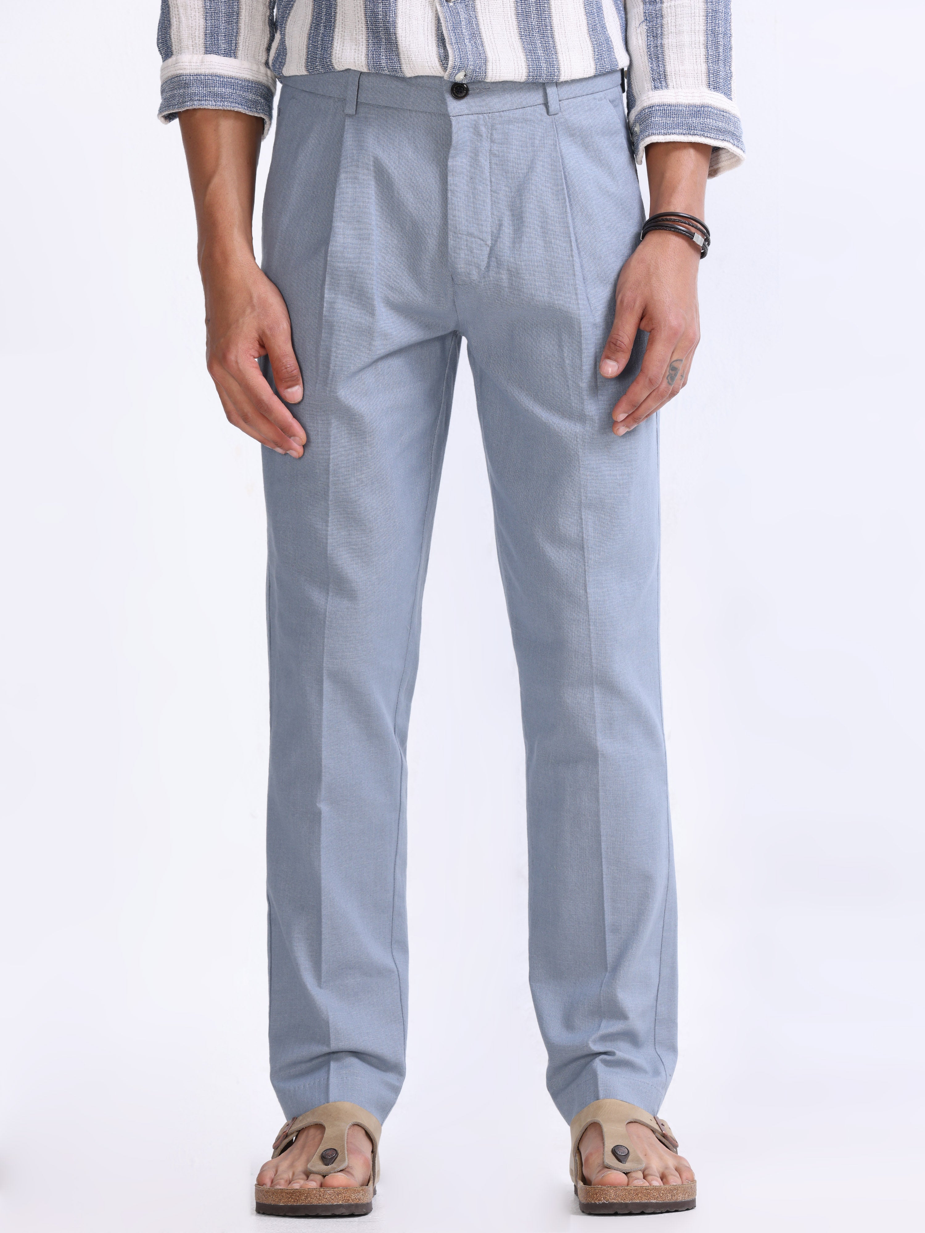 RAW SLUB PLEATED TROUSER IN BLUE