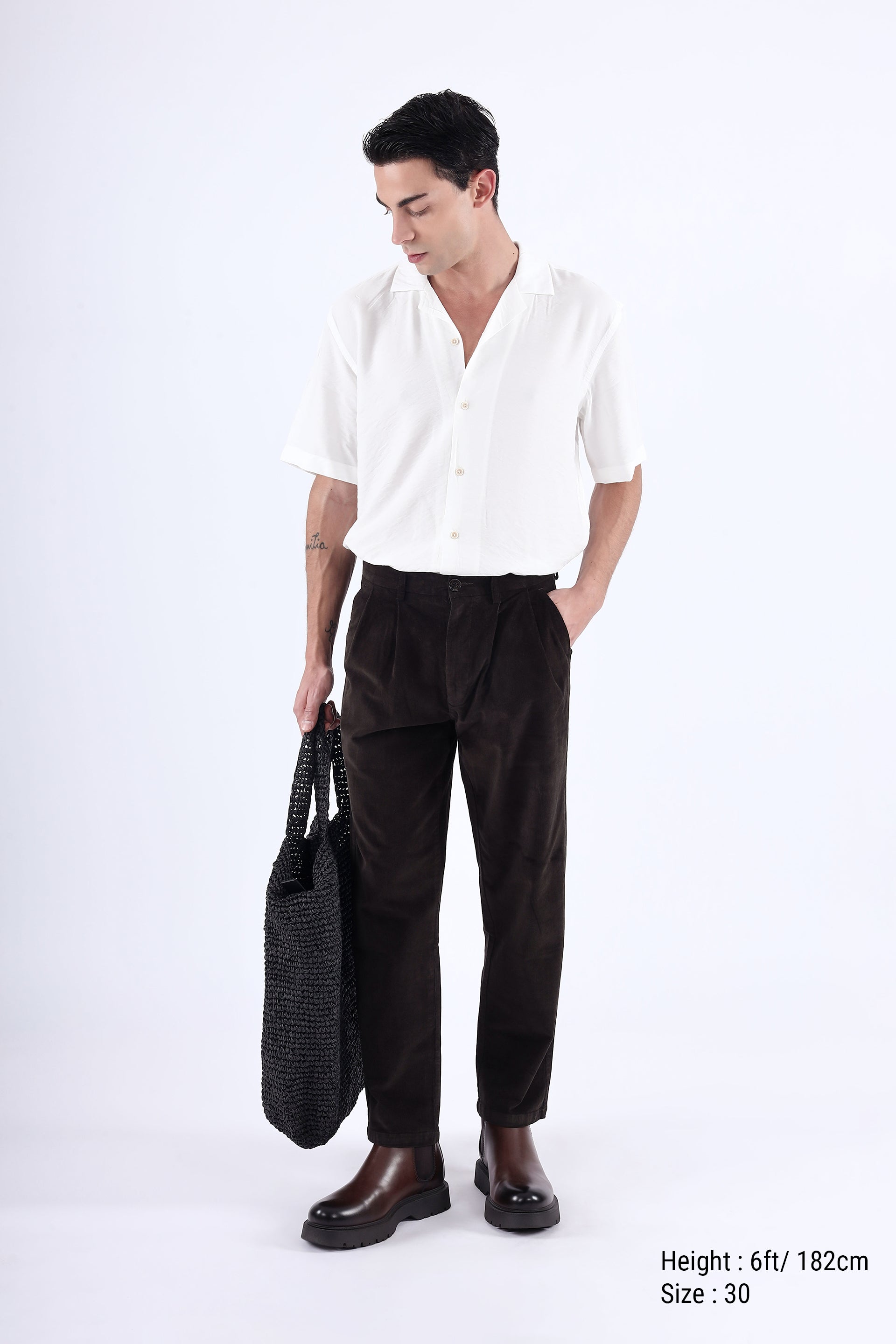 Relaxed Pleated Corduroy Pants In Dark Olive