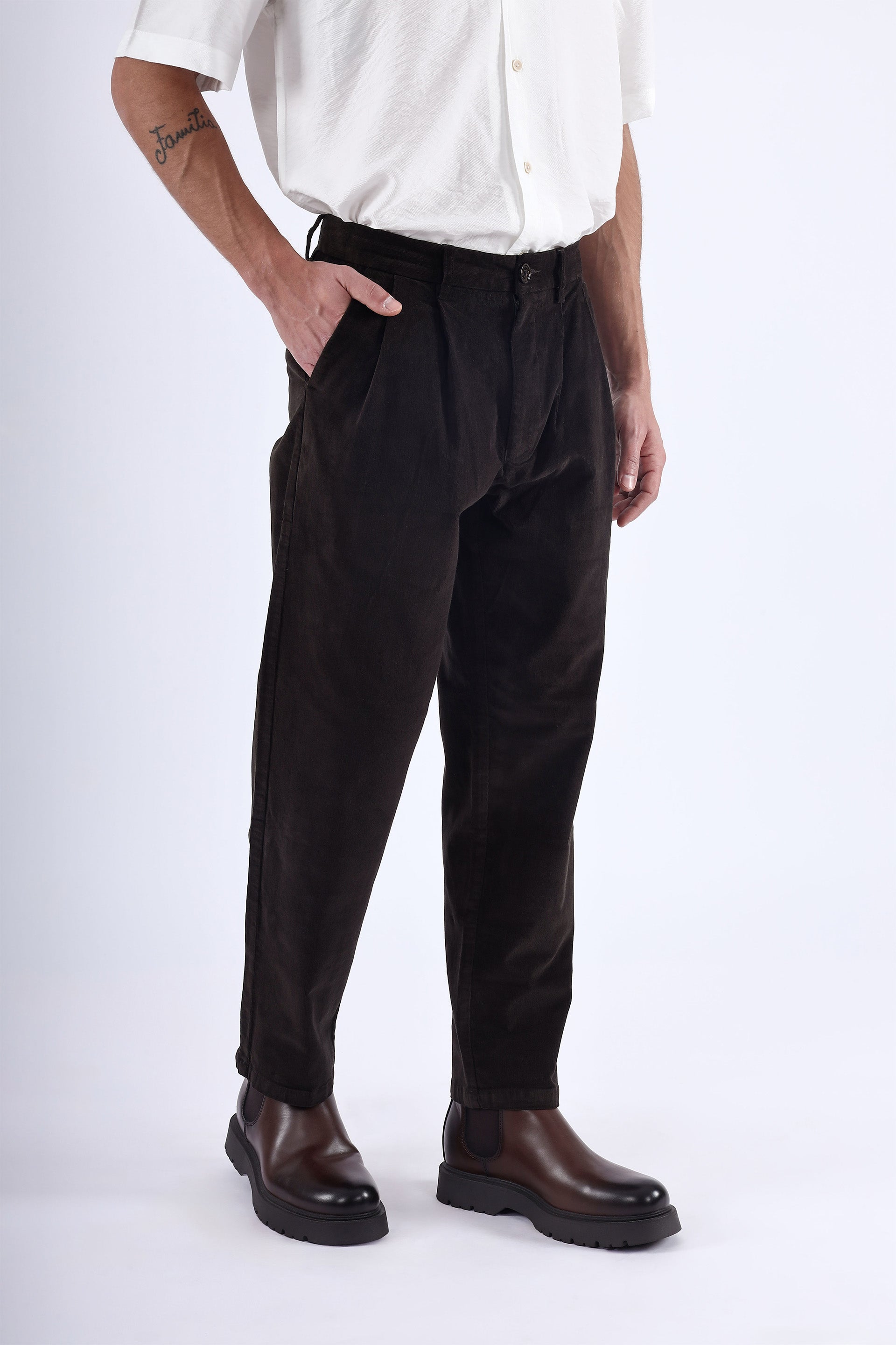 Relaxed Pleated Corduroy Pants In Dark Olive