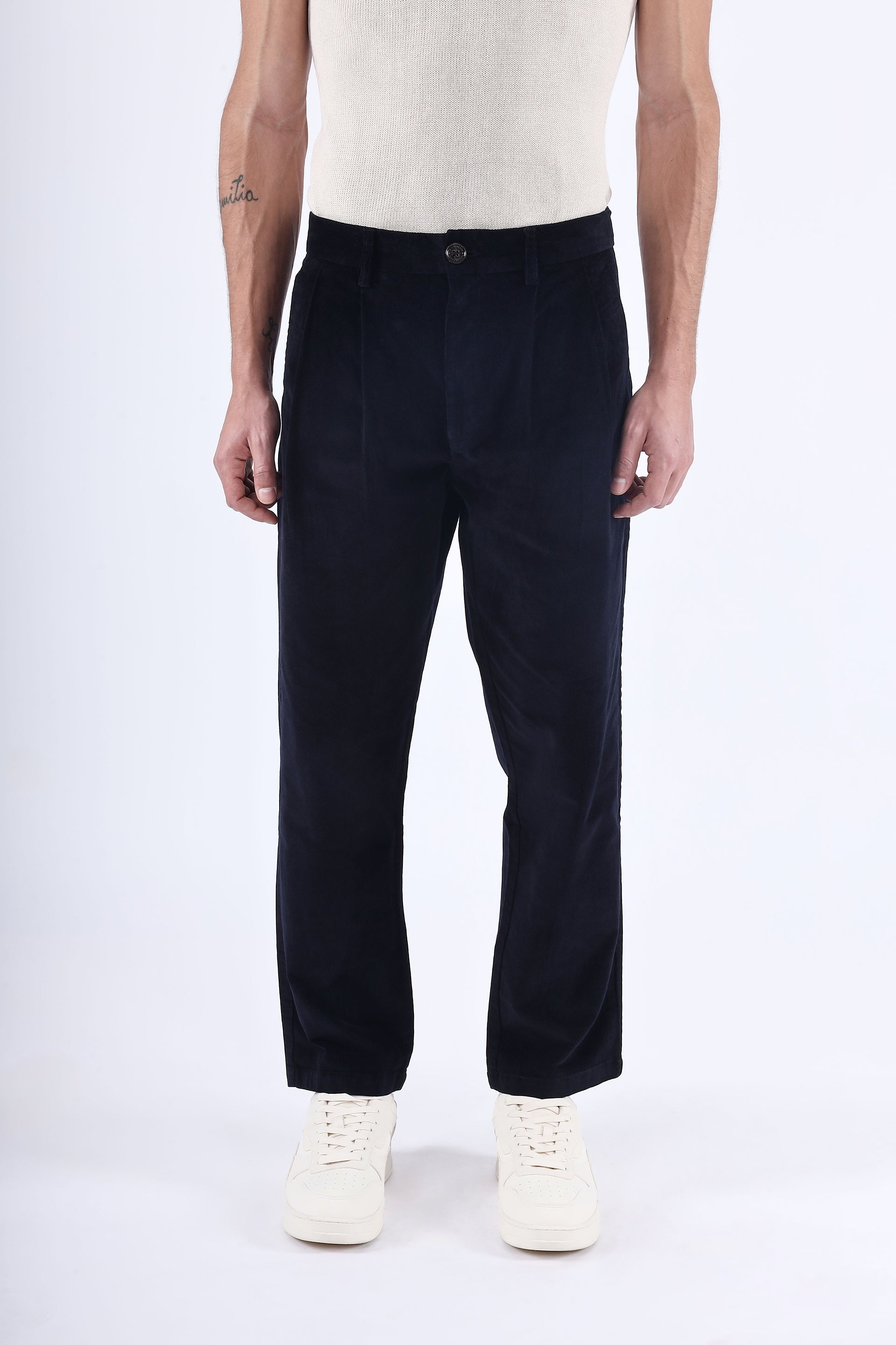 Relaxed Pleated Corduroy Pants In Navy