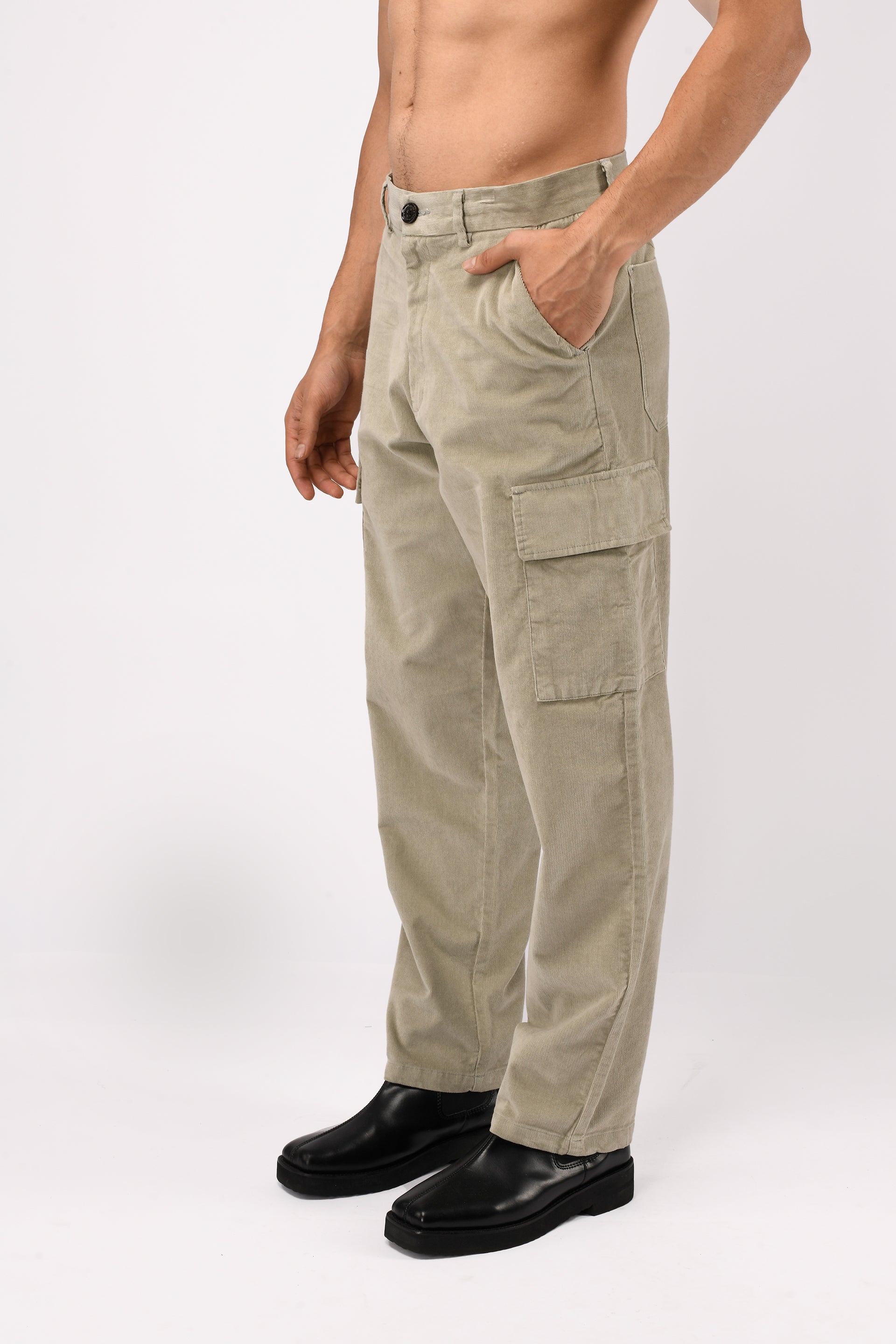 Soft Corduroy Relaxed Cargo Pants In Light Grey