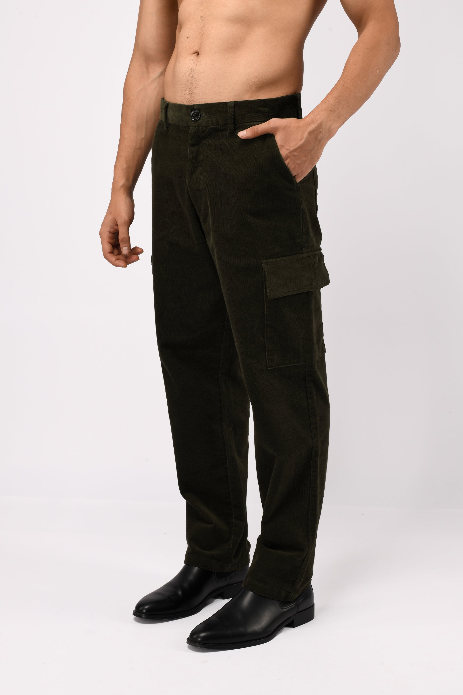 Soft Corduroy Relaxed Cargo Pants In Dark Olive