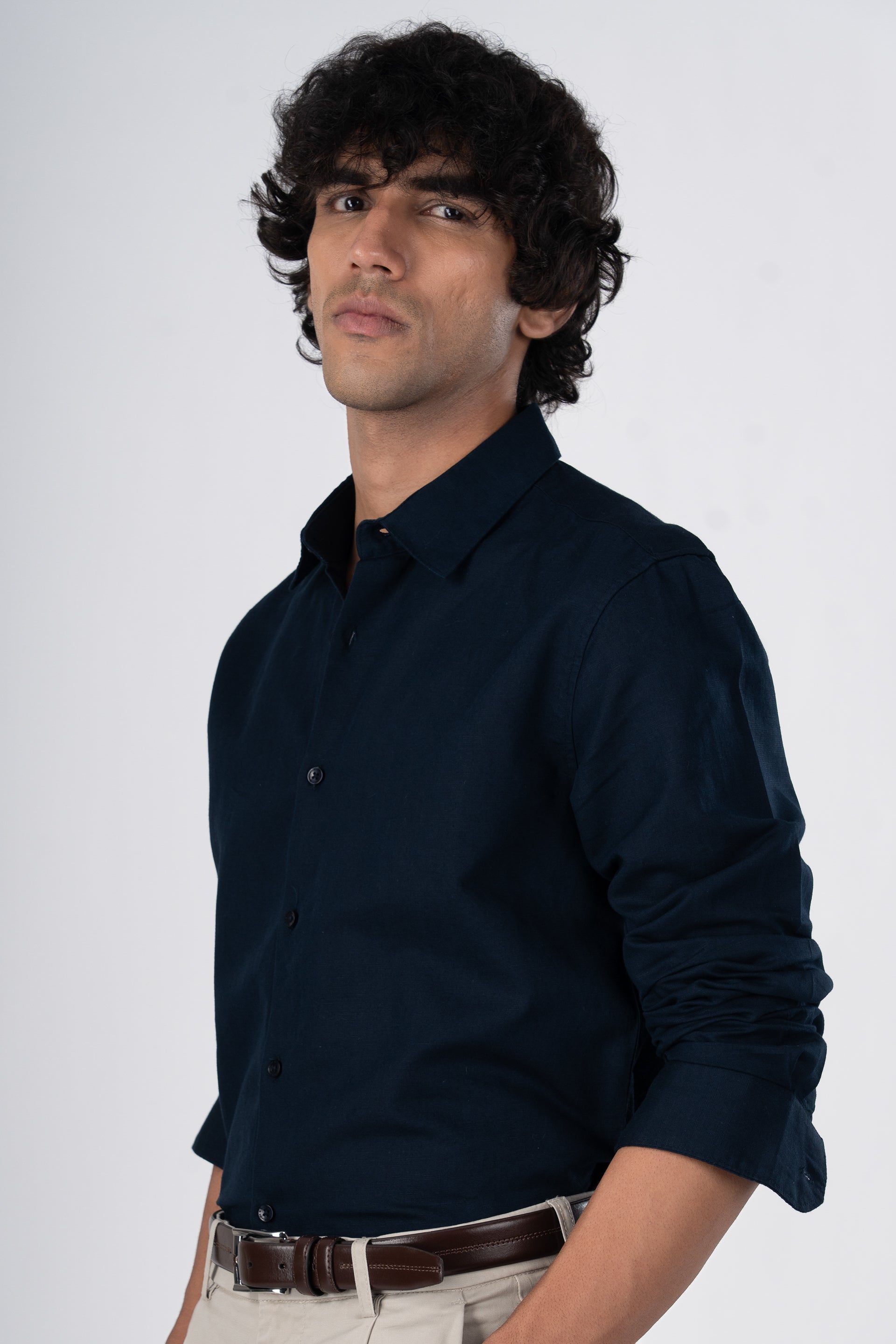 Classic Fused Linen Shirt In Navy Blue