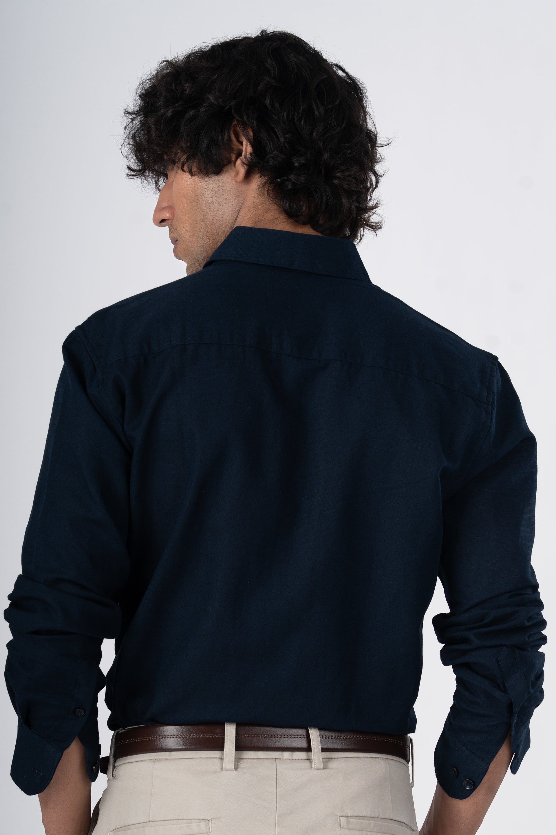 Classic Fused Linen Shirt In Navy Blue