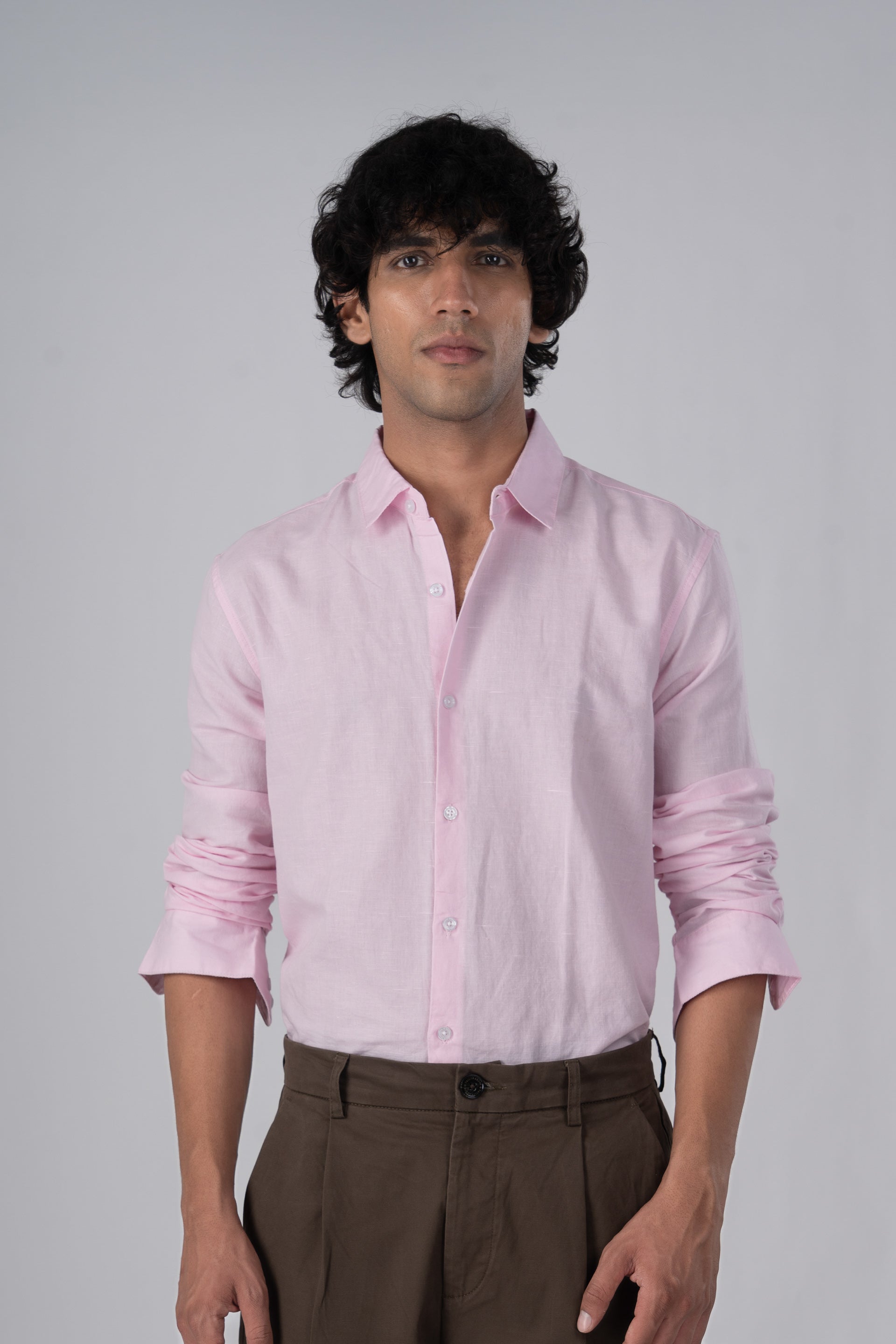 Classic Fused Linen Shirt In Light Pink