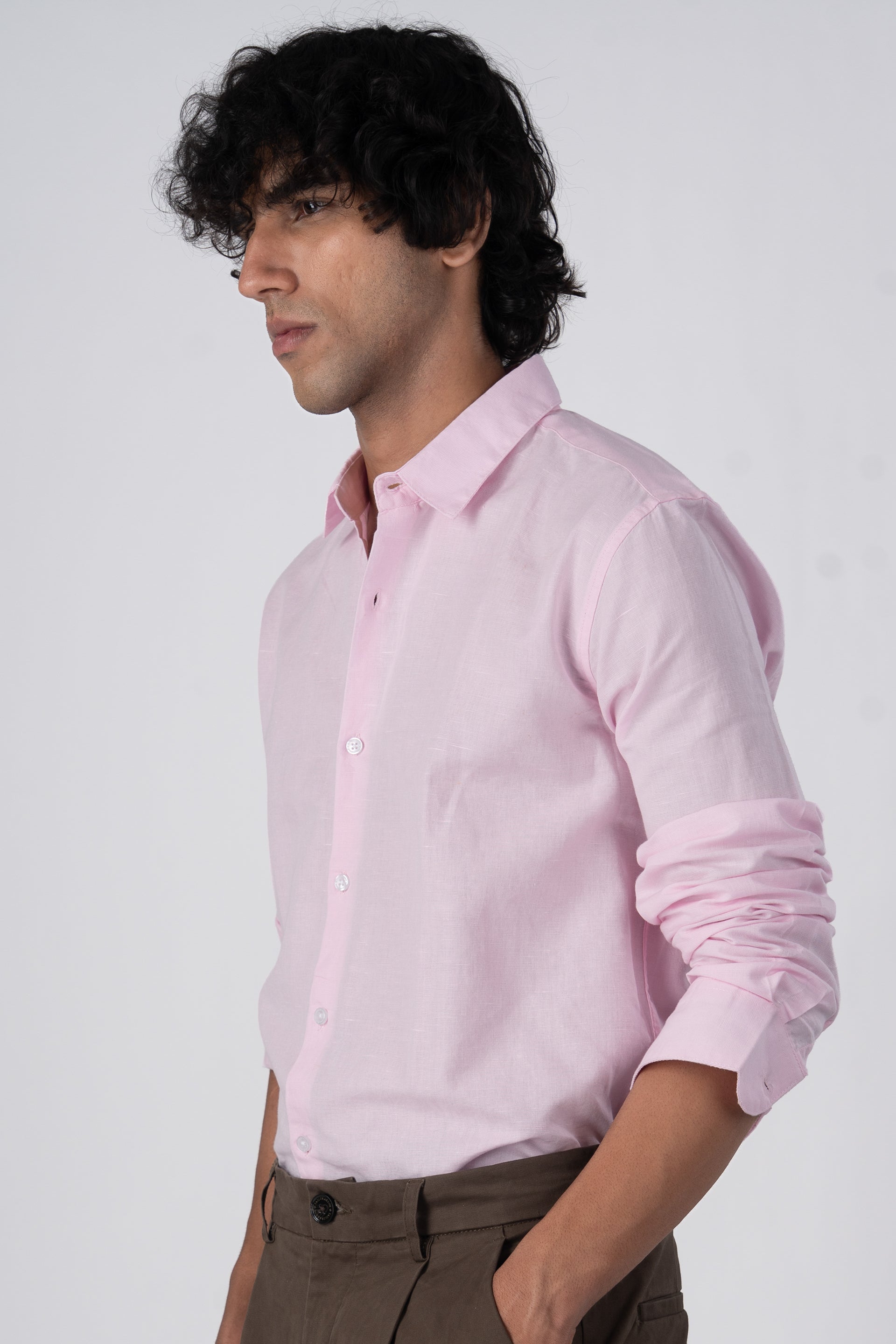 Classic Fused Linen Shirt In Light Pink