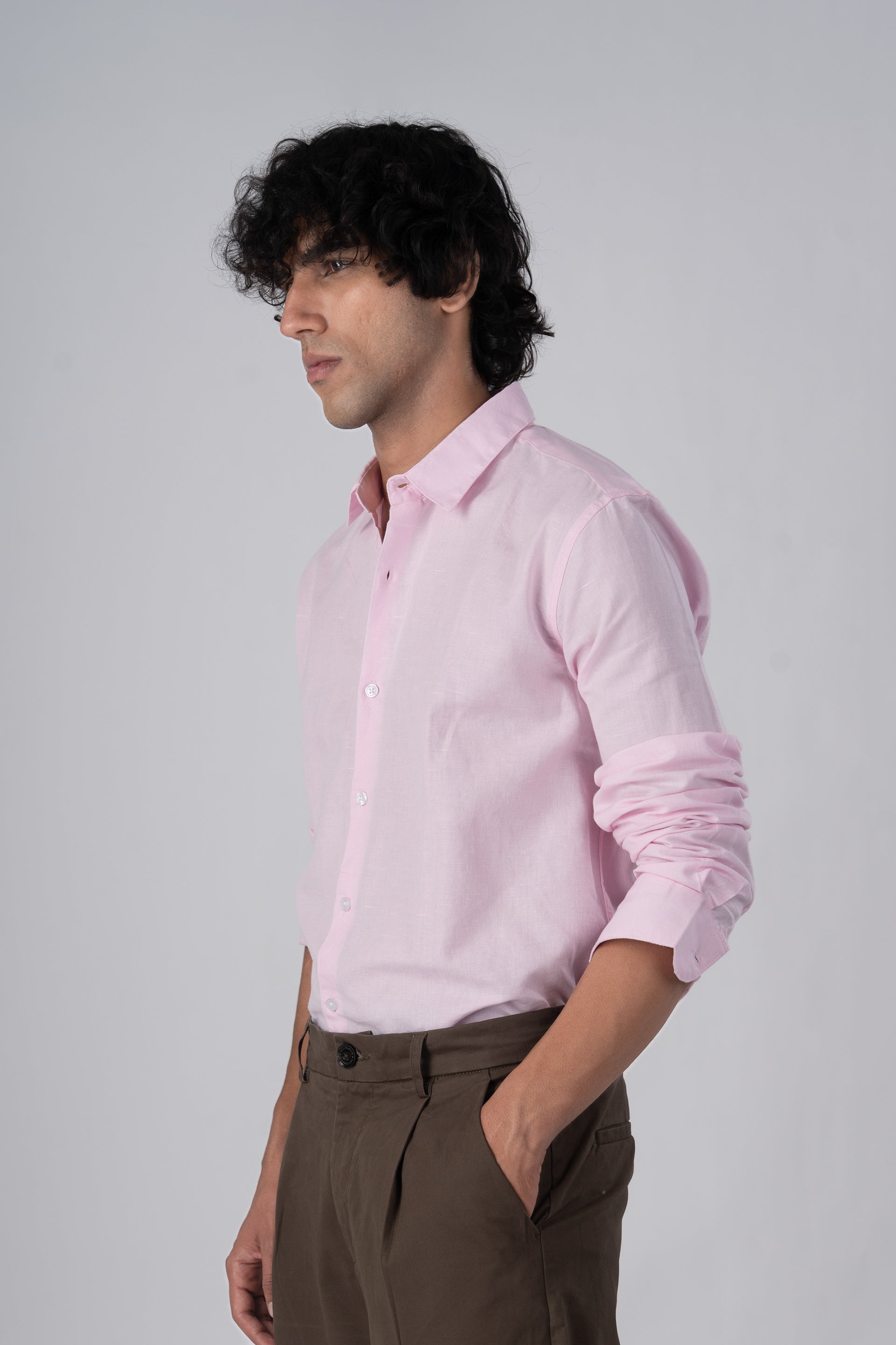 Classic Fused Linen Shirt In Light Pink