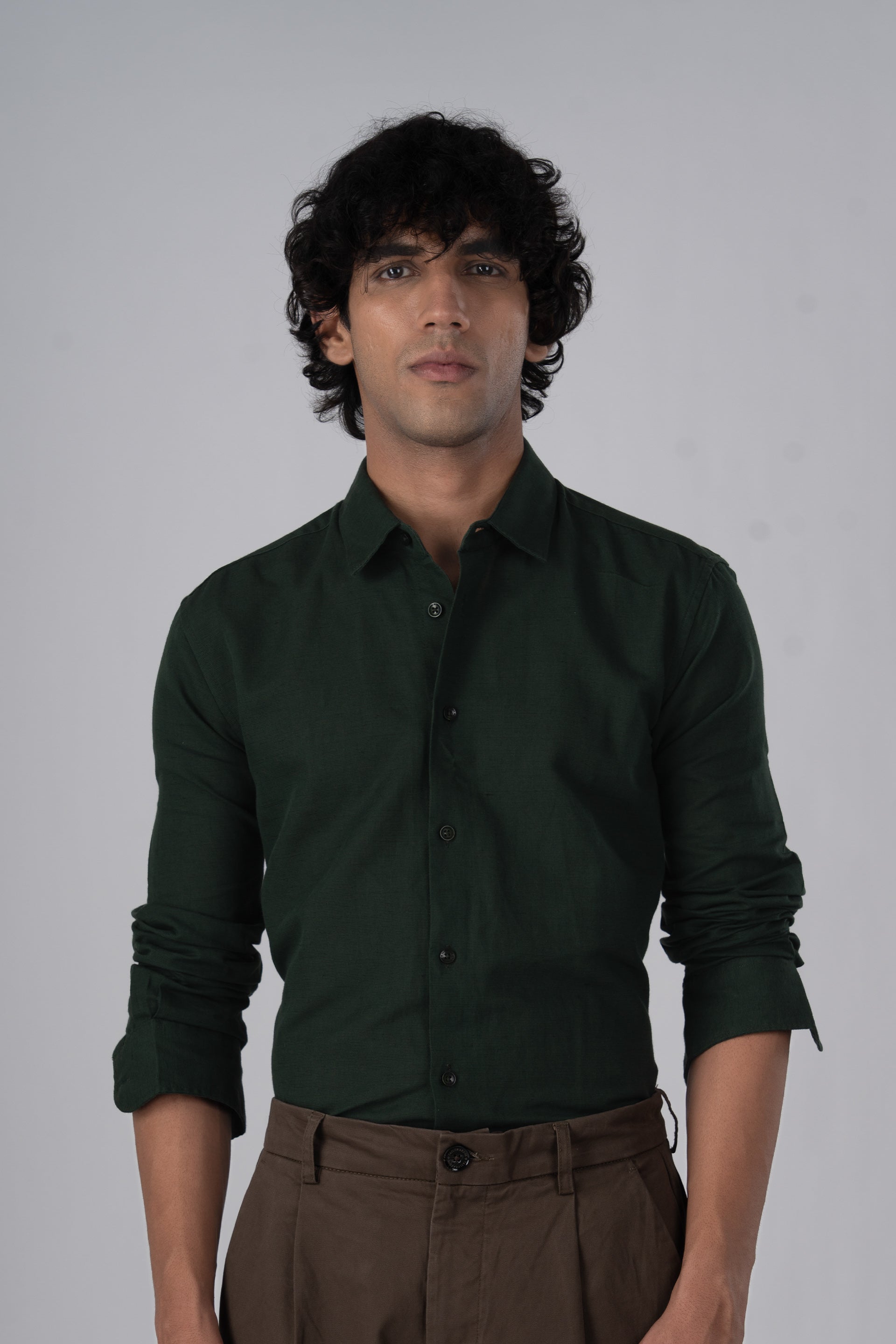 Classic Fused Linen Shirt In Olive
