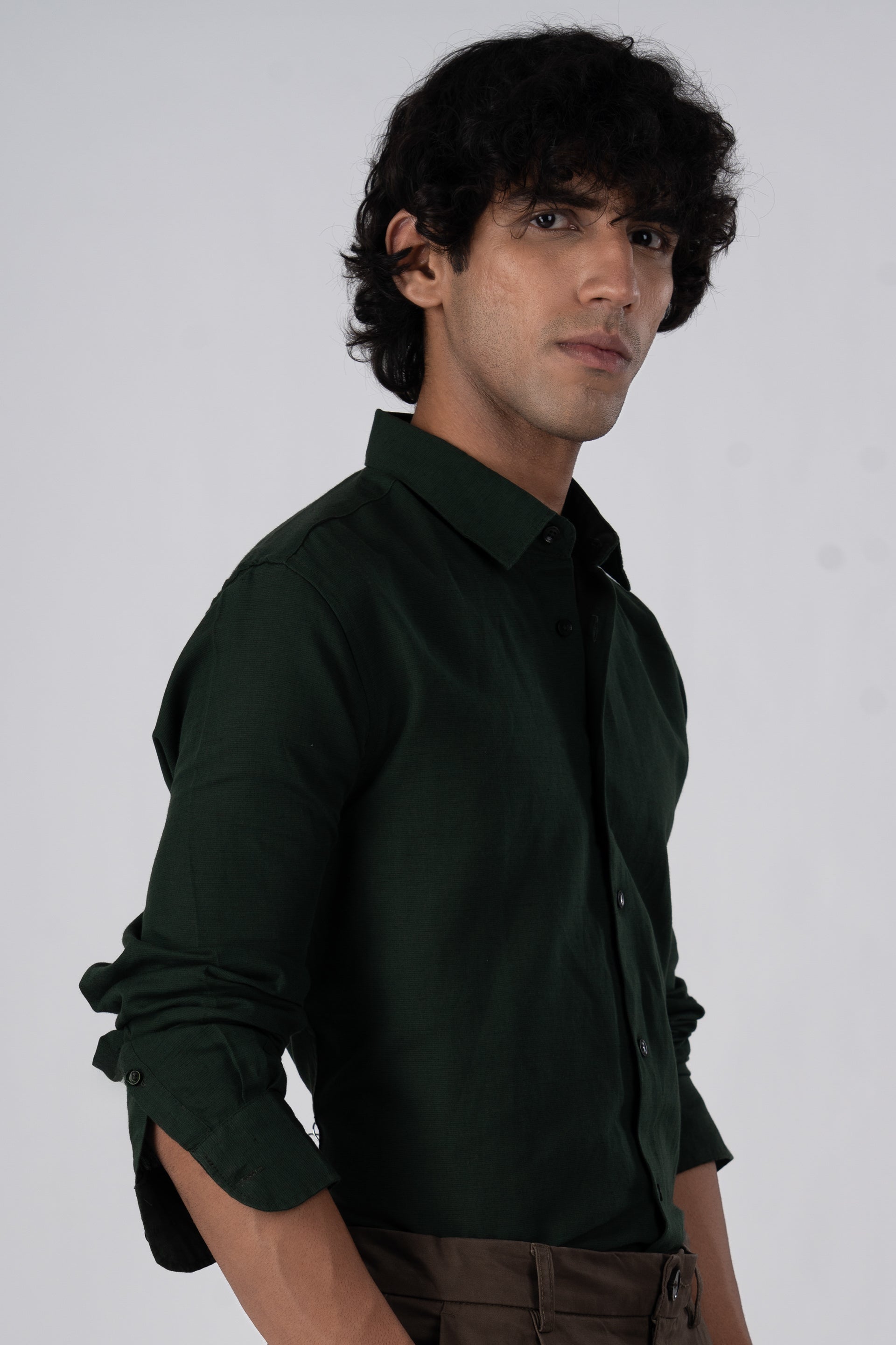 Classic Fused Linen Shirt In Olive
