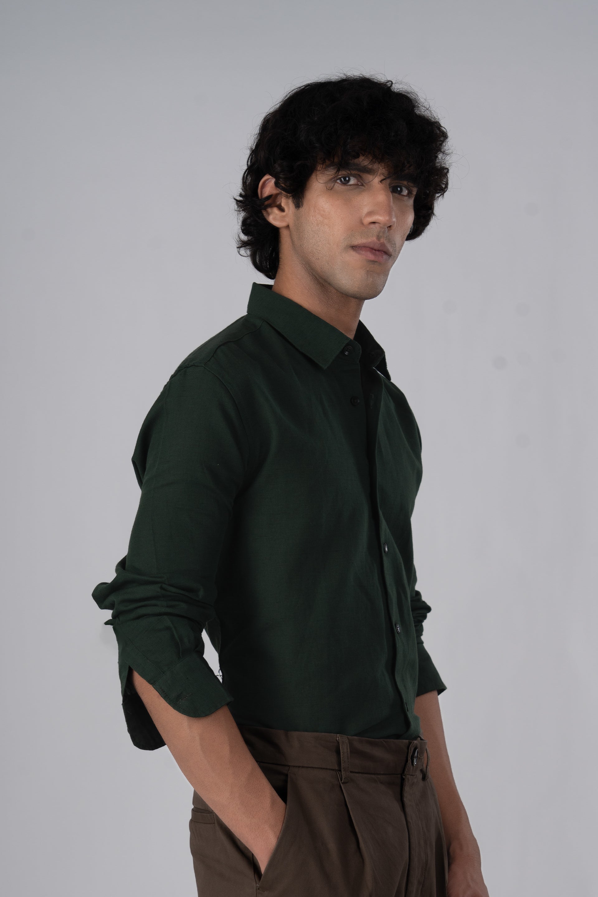 Classic Fused Linen Shirt In Olive