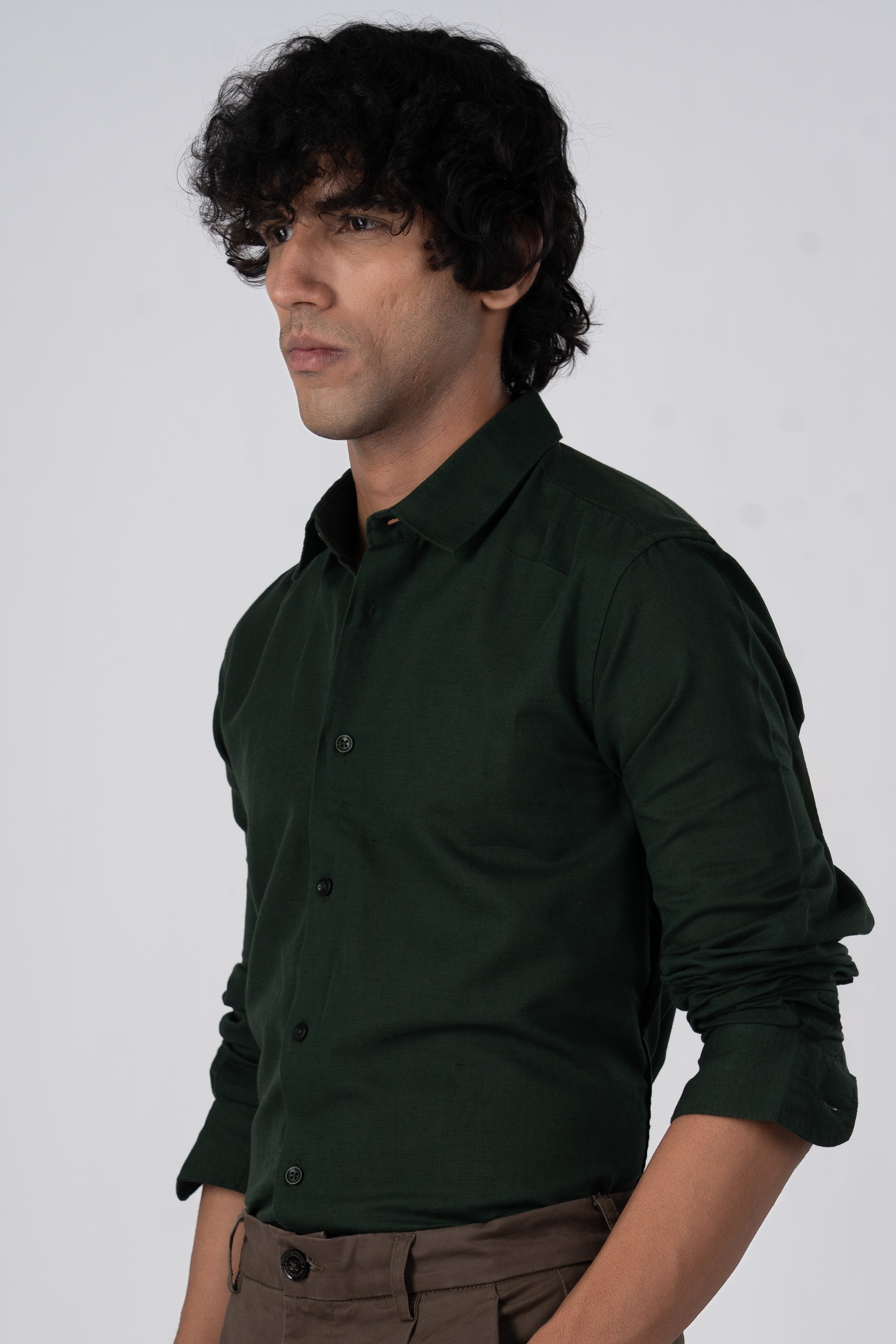 Classic Fused Linen Shirt In Olive