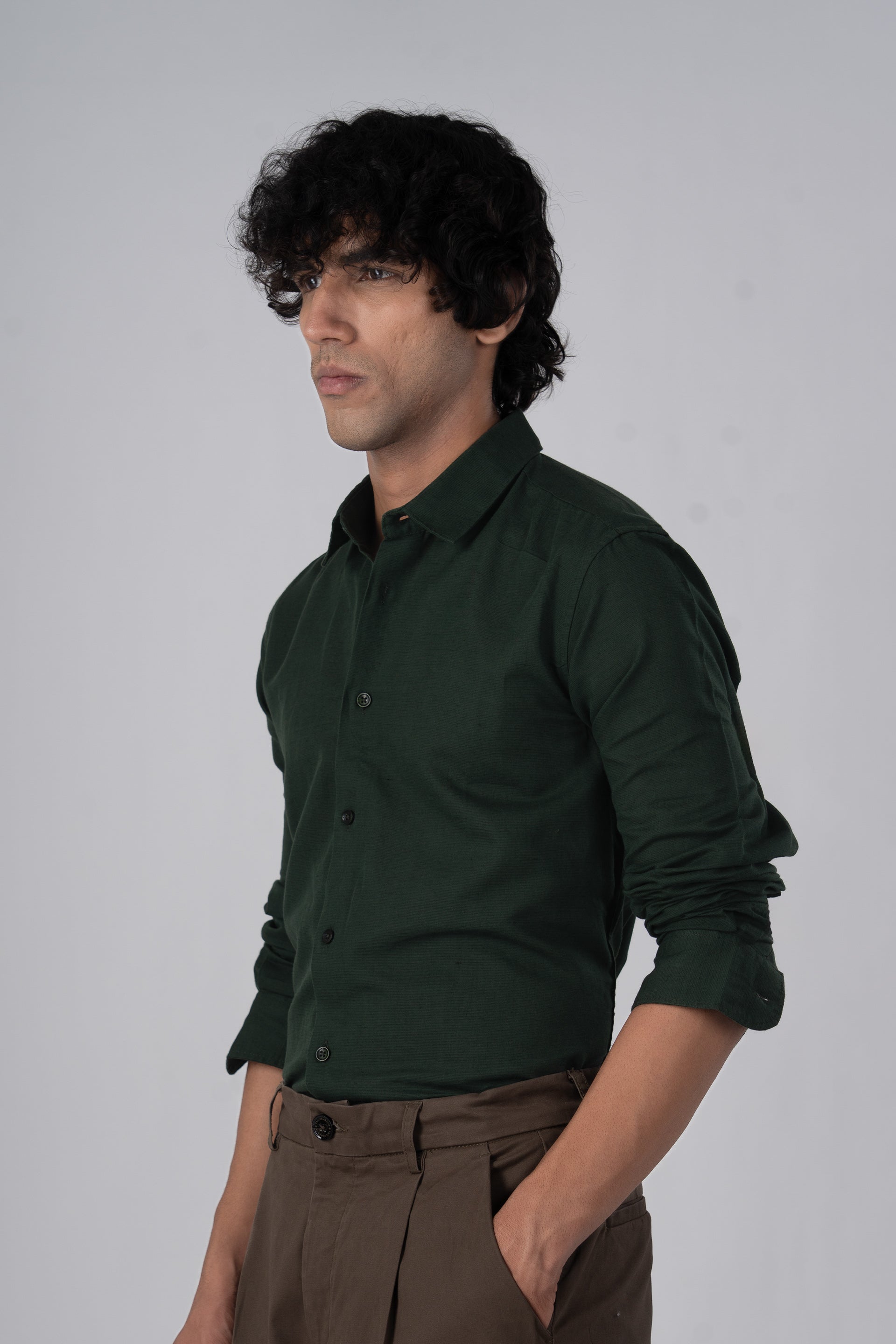 Classic Fused Linen Shirt In Olive