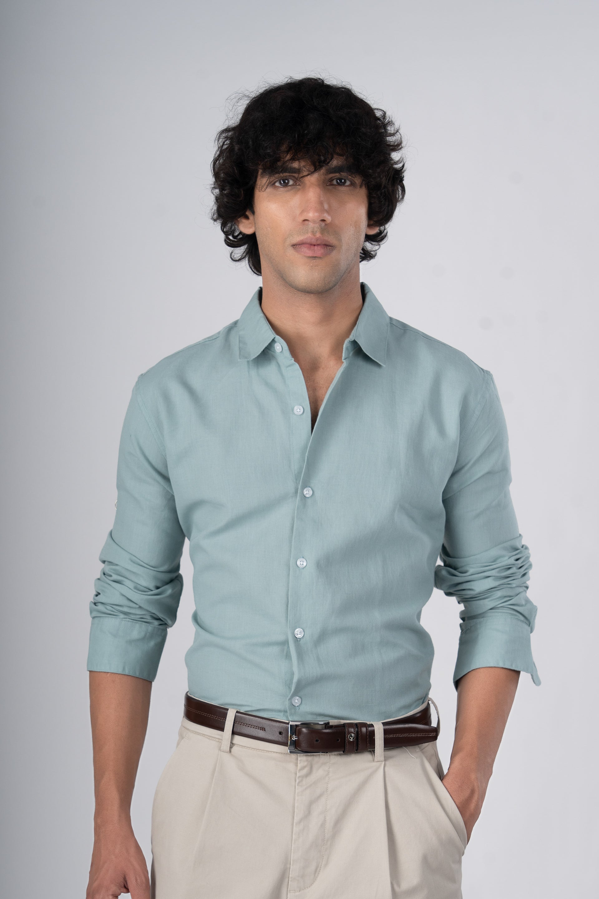 Classic Fused Linen Shirt In Green