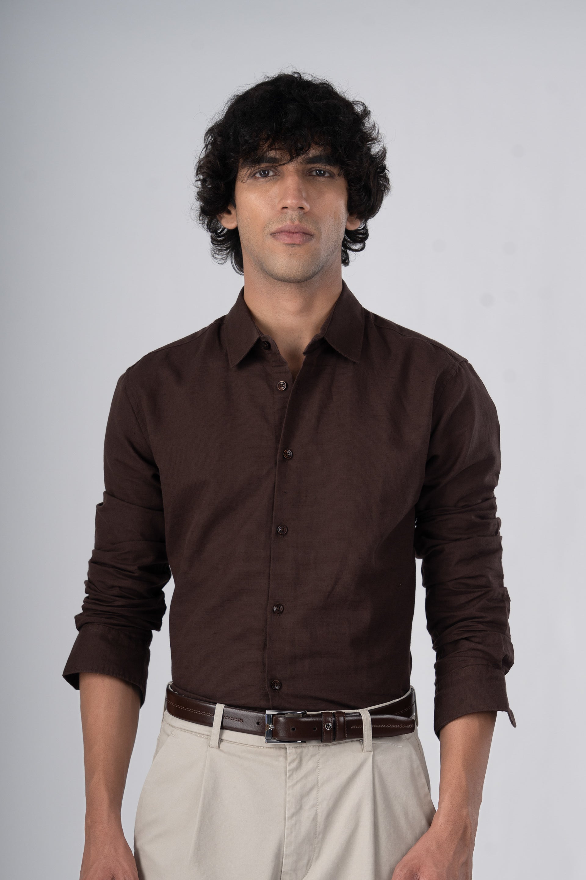 Classic Fused Linen Shirt In Brown