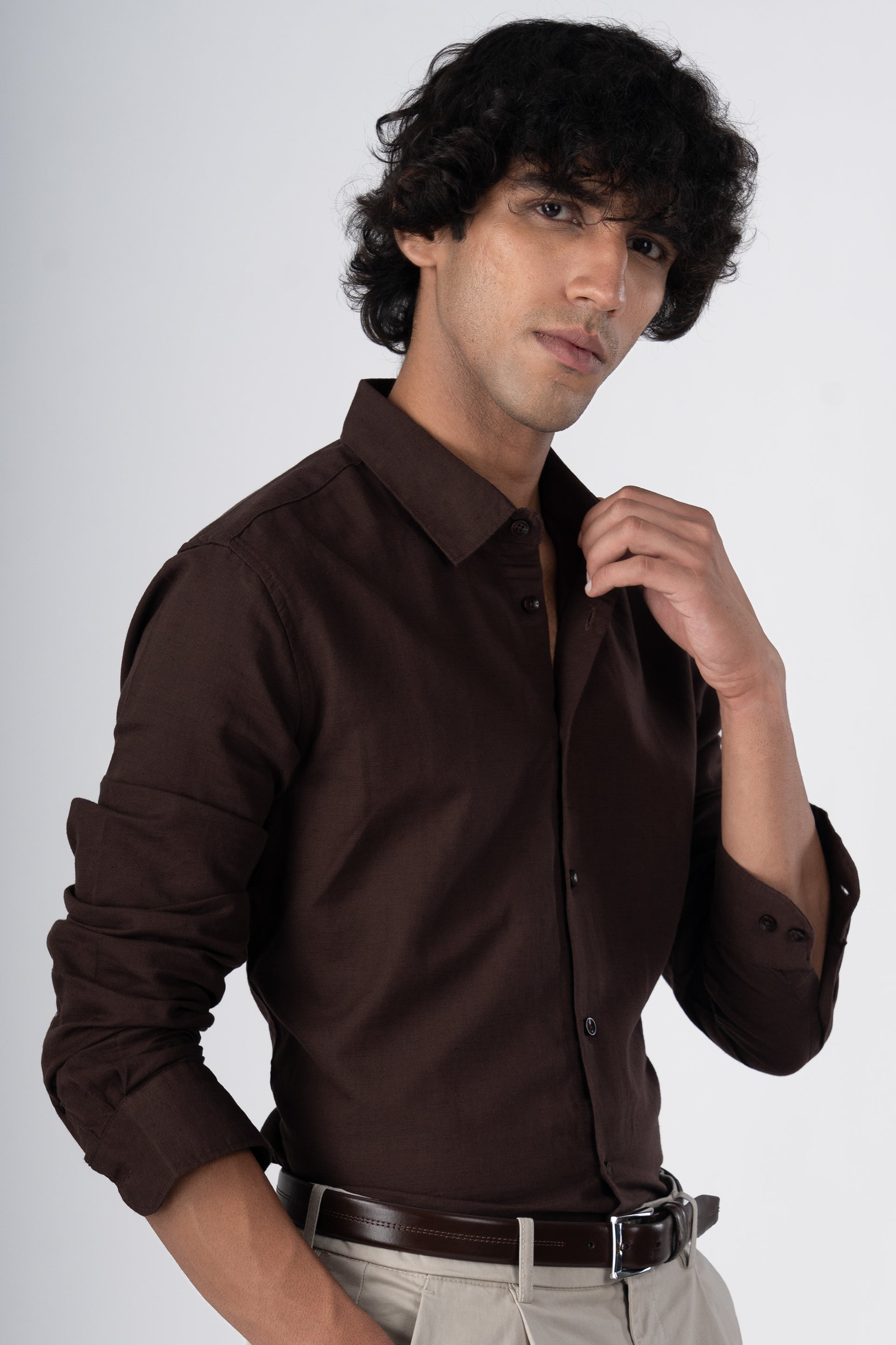 Classic Fused Linen Shirt In Brown