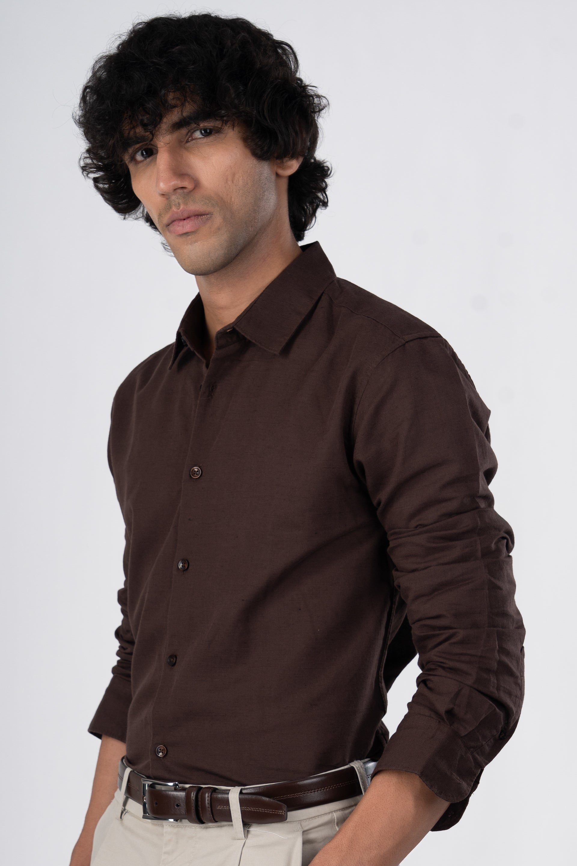 Classic Fused Linen Shirt In Brown