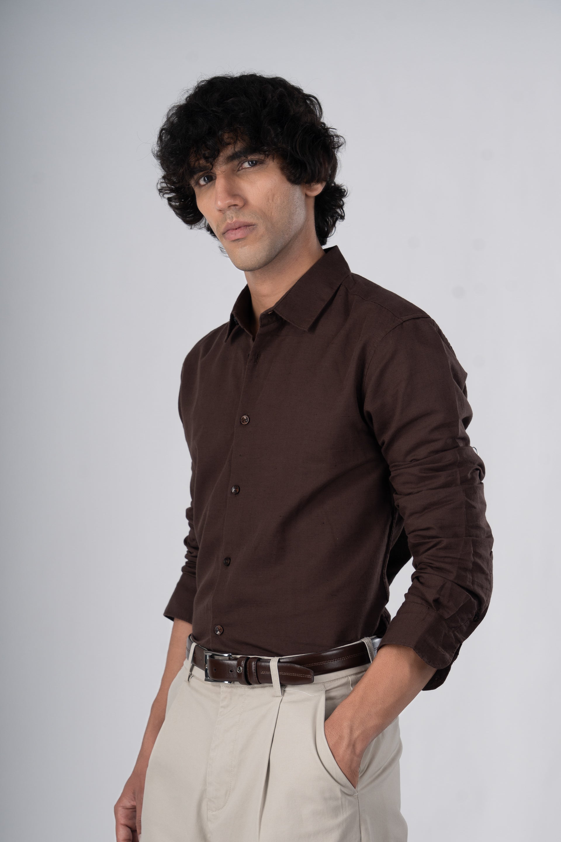 Classic Fused Linen Shirt In Brown
