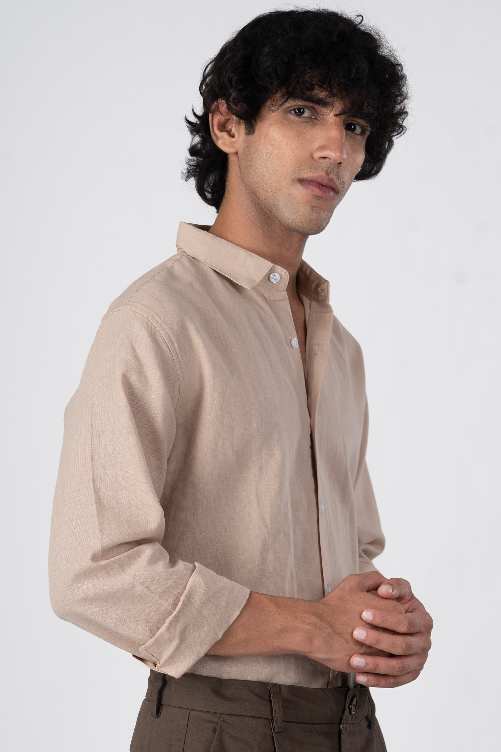 Classic Fused Linen Shirt In Beige