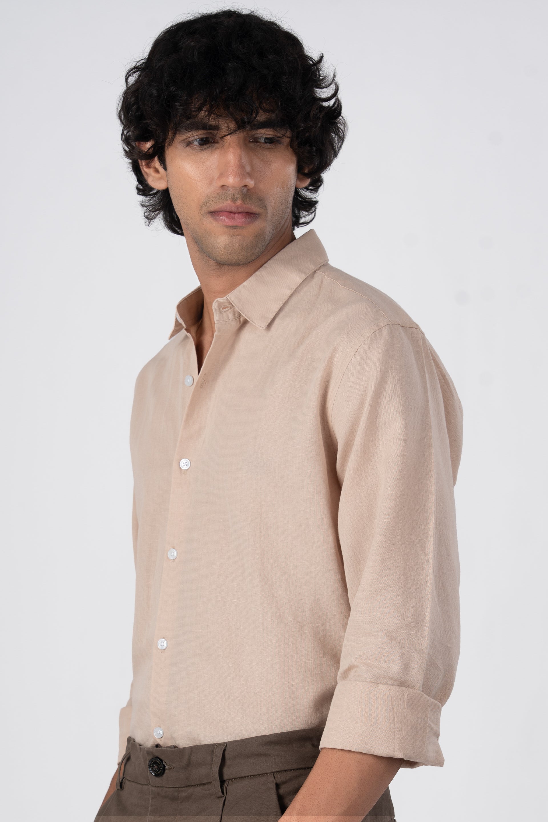 Classic Fused Linen Shirt In Beige