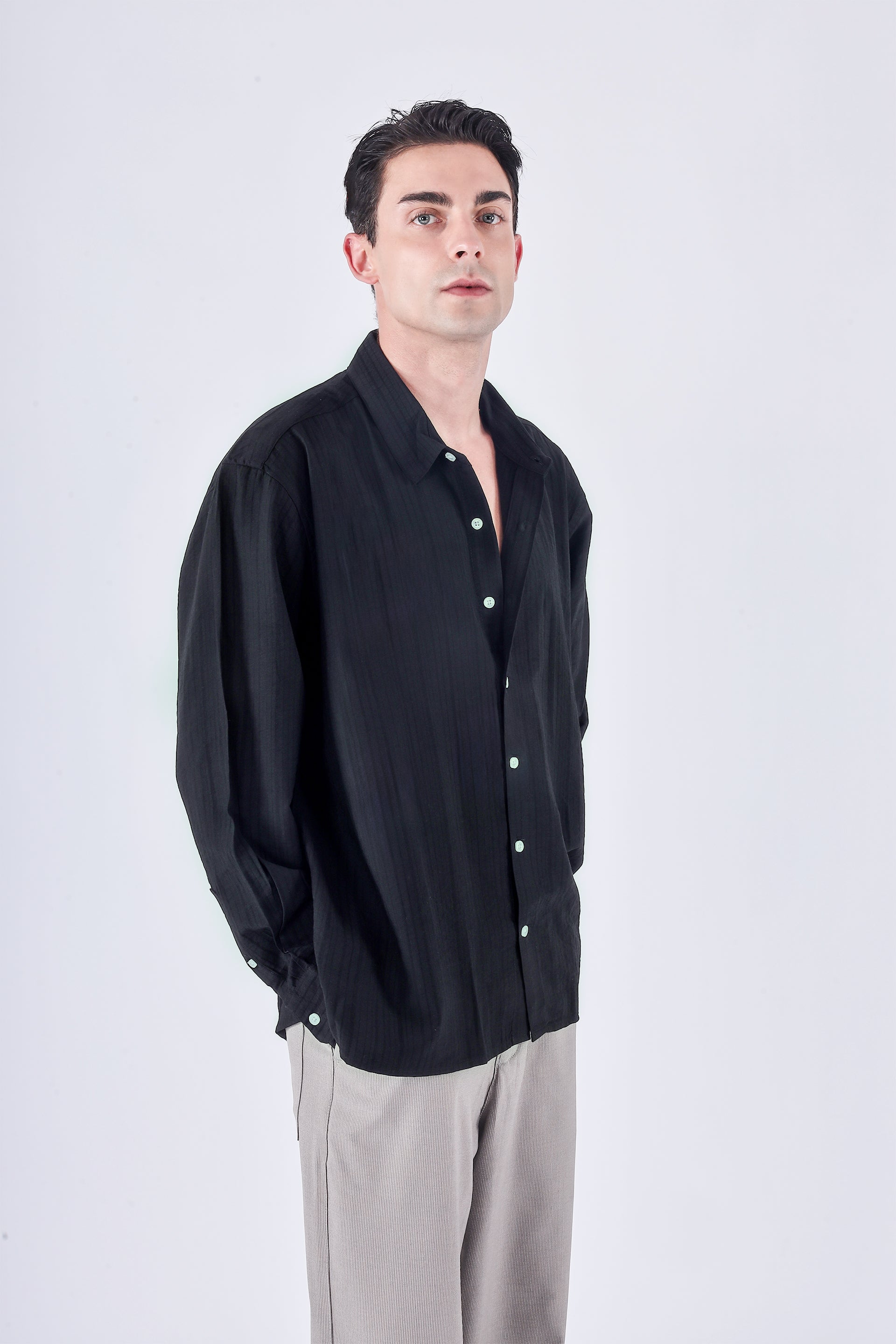 Relaxed Striped Drape Shirt In Black