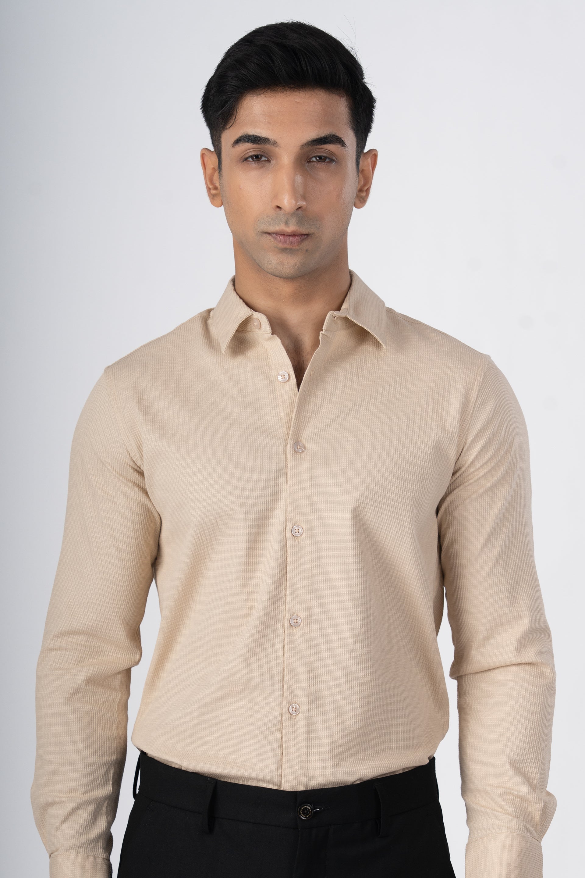 Easy Iron Textured Shirt In Beige