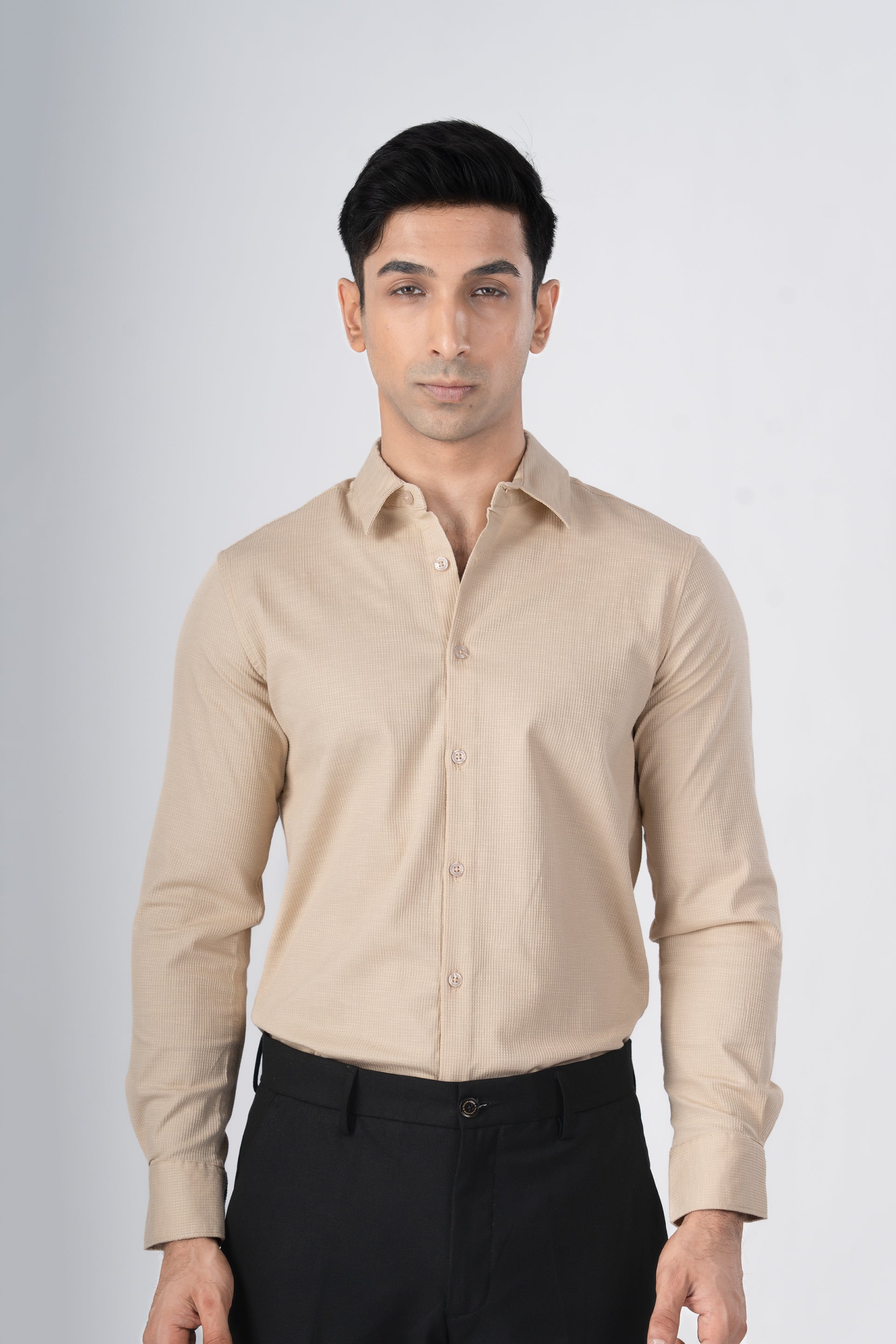 Easy Iron Textured Shirt In Beige