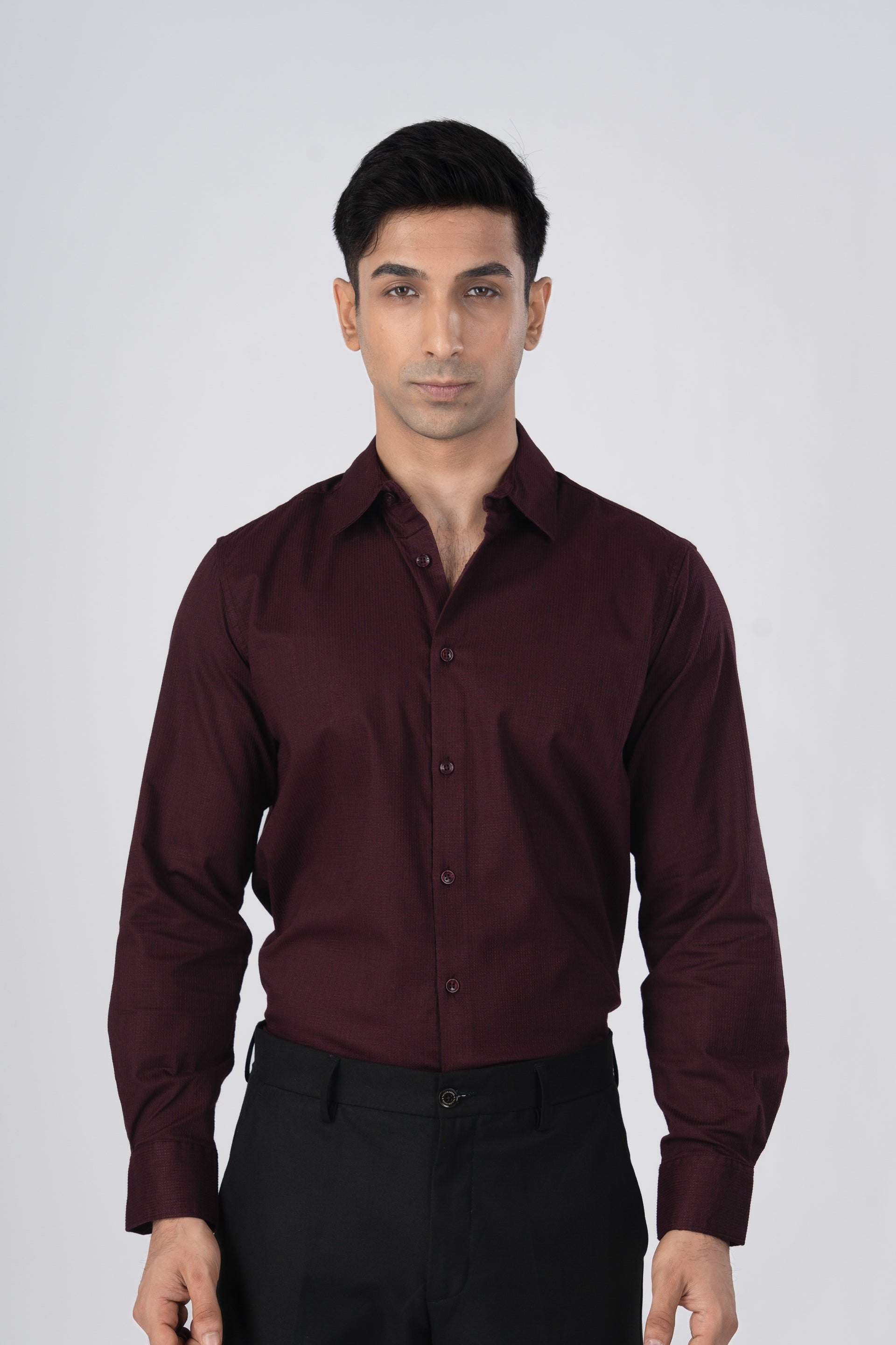 Easy Iron Textured Shirt In Wine