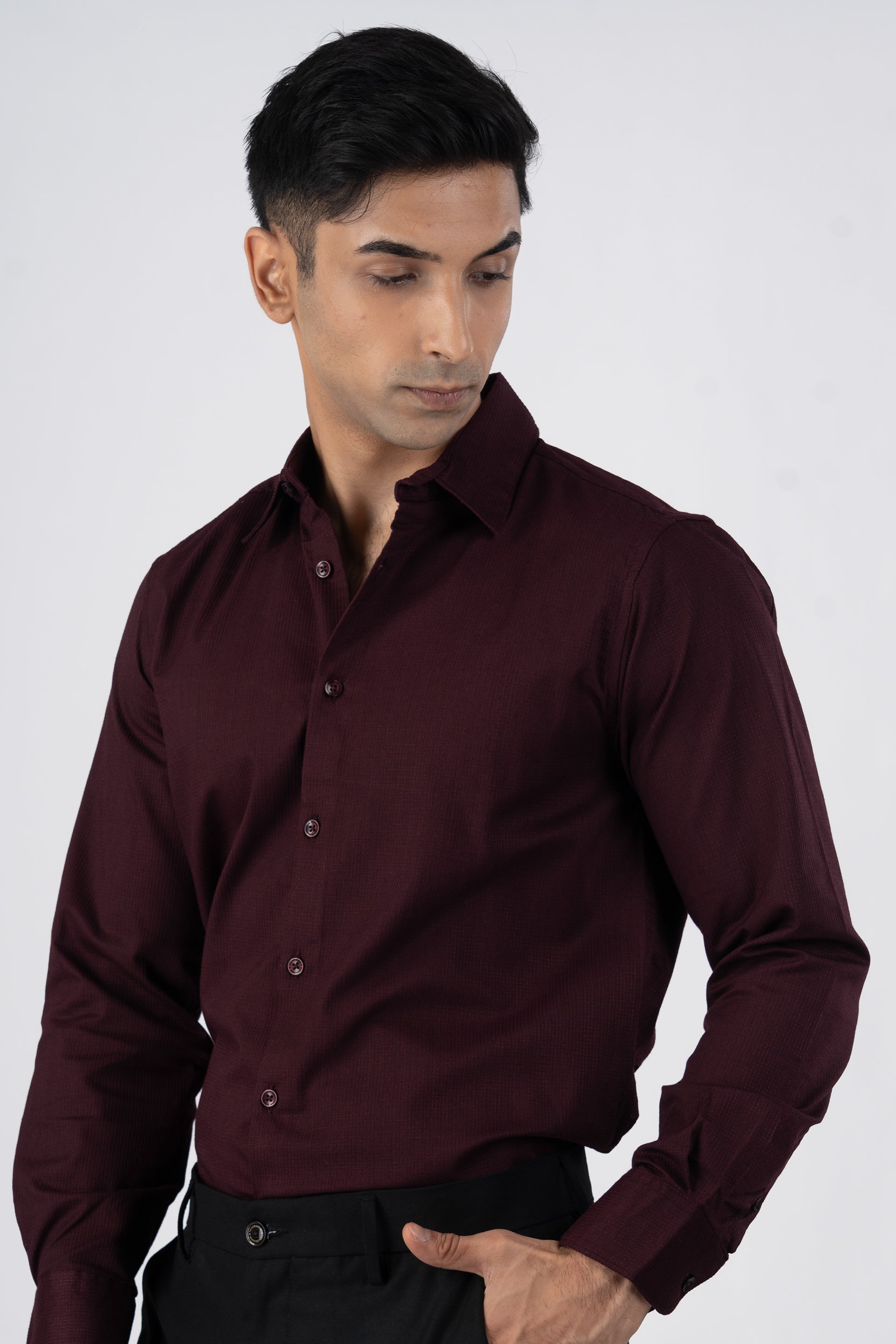 Easy Iron Textured Shirt In Wine