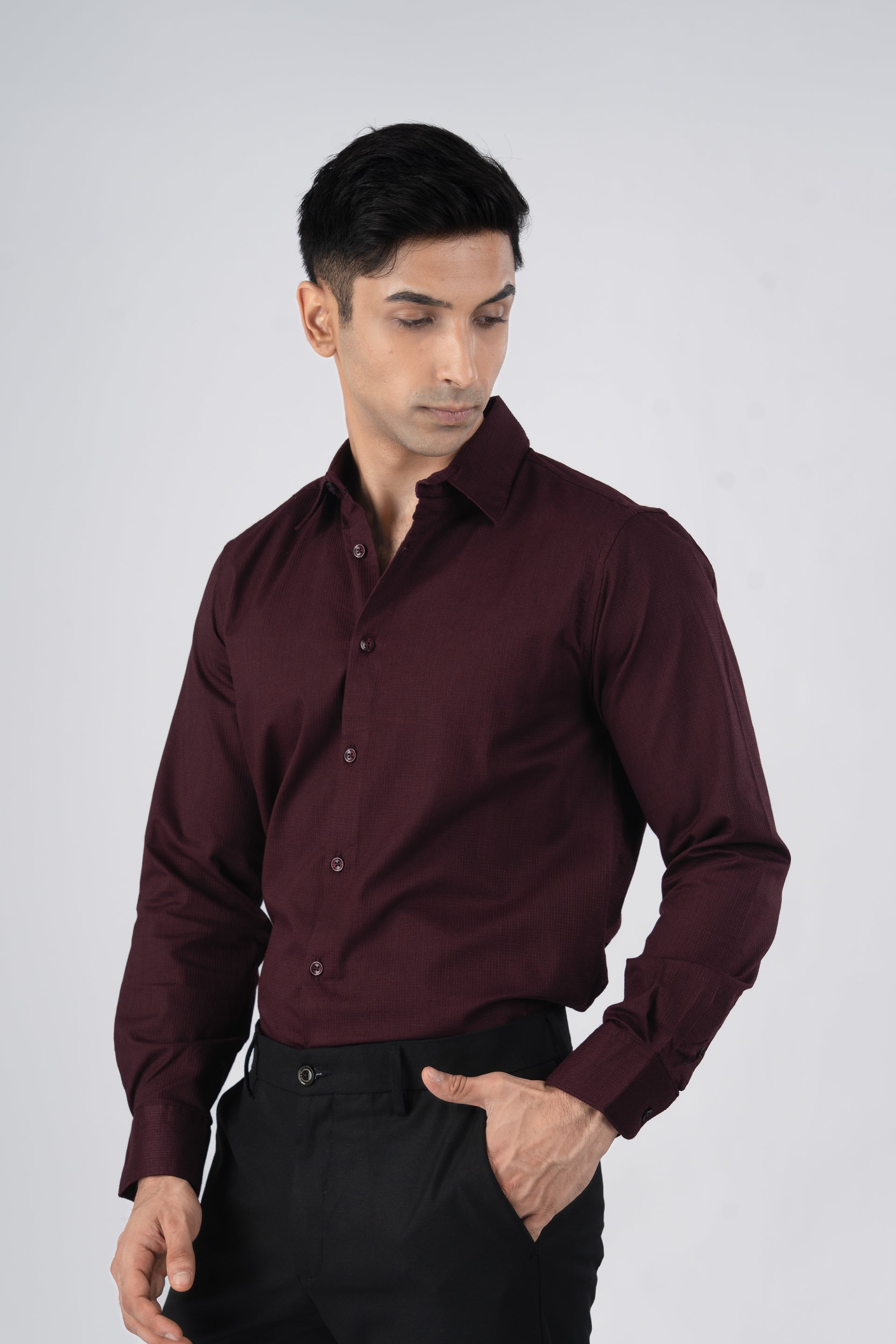 Easy Iron Textured Shirt In Wine