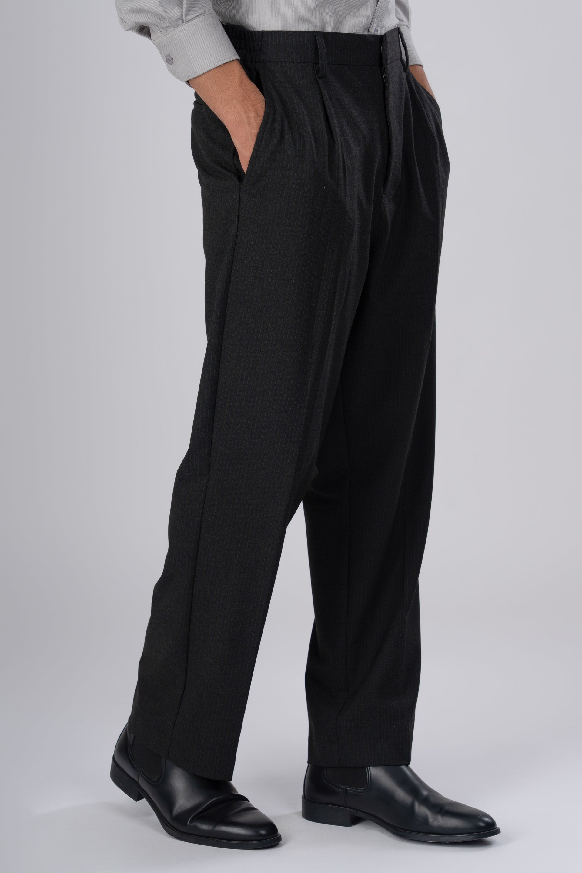 Soft Iron Flexi Pinstriped Relaxed Pant In Black