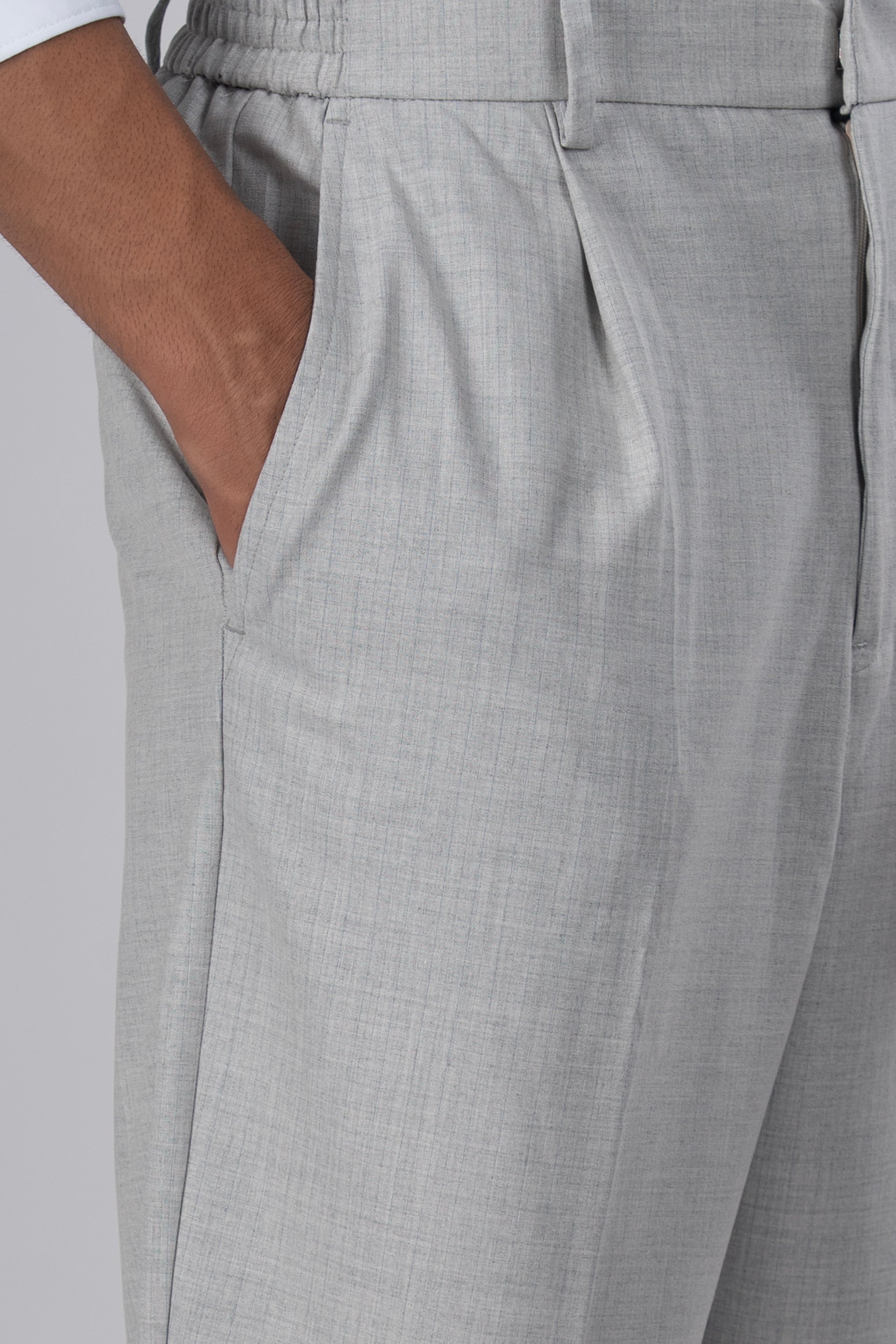 Soft Iron Flexi Pinstriped Relaxed Pant In Light Grey