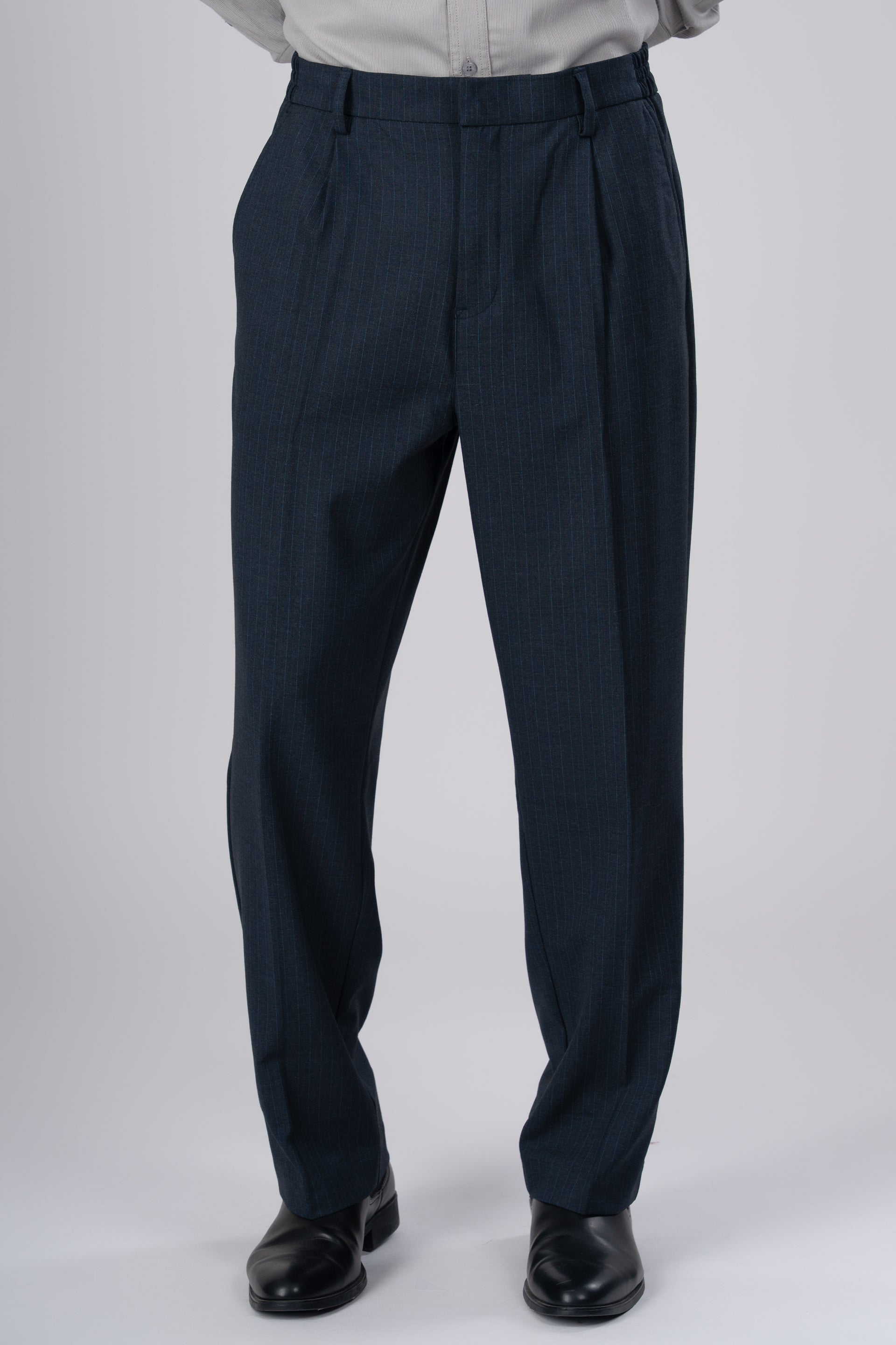 Soft Iron Flexi Pinstriped Relaxed Pant In Blue