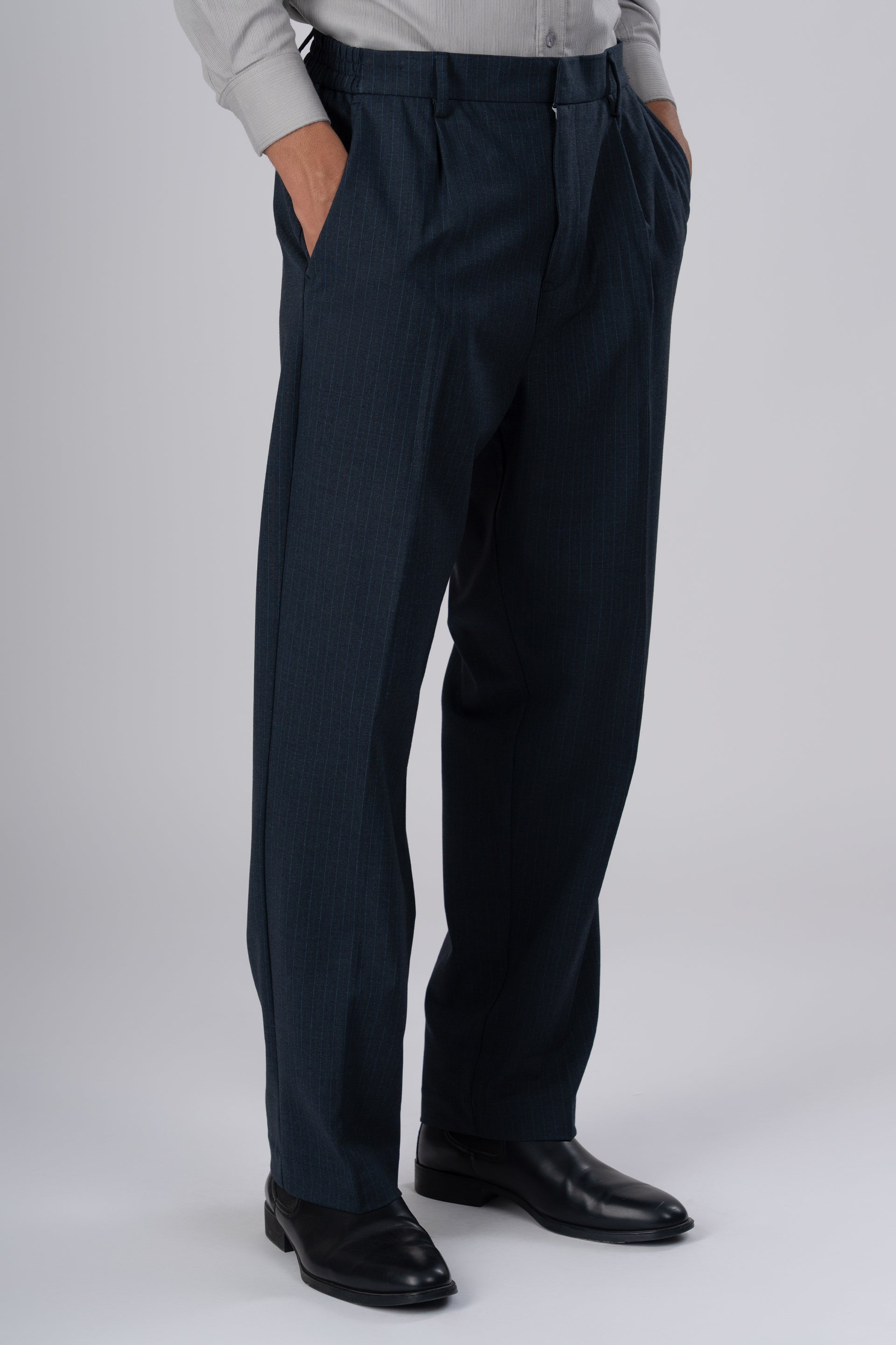 Soft Iron Flexi Pinstriped Relaxed Pant In Blue