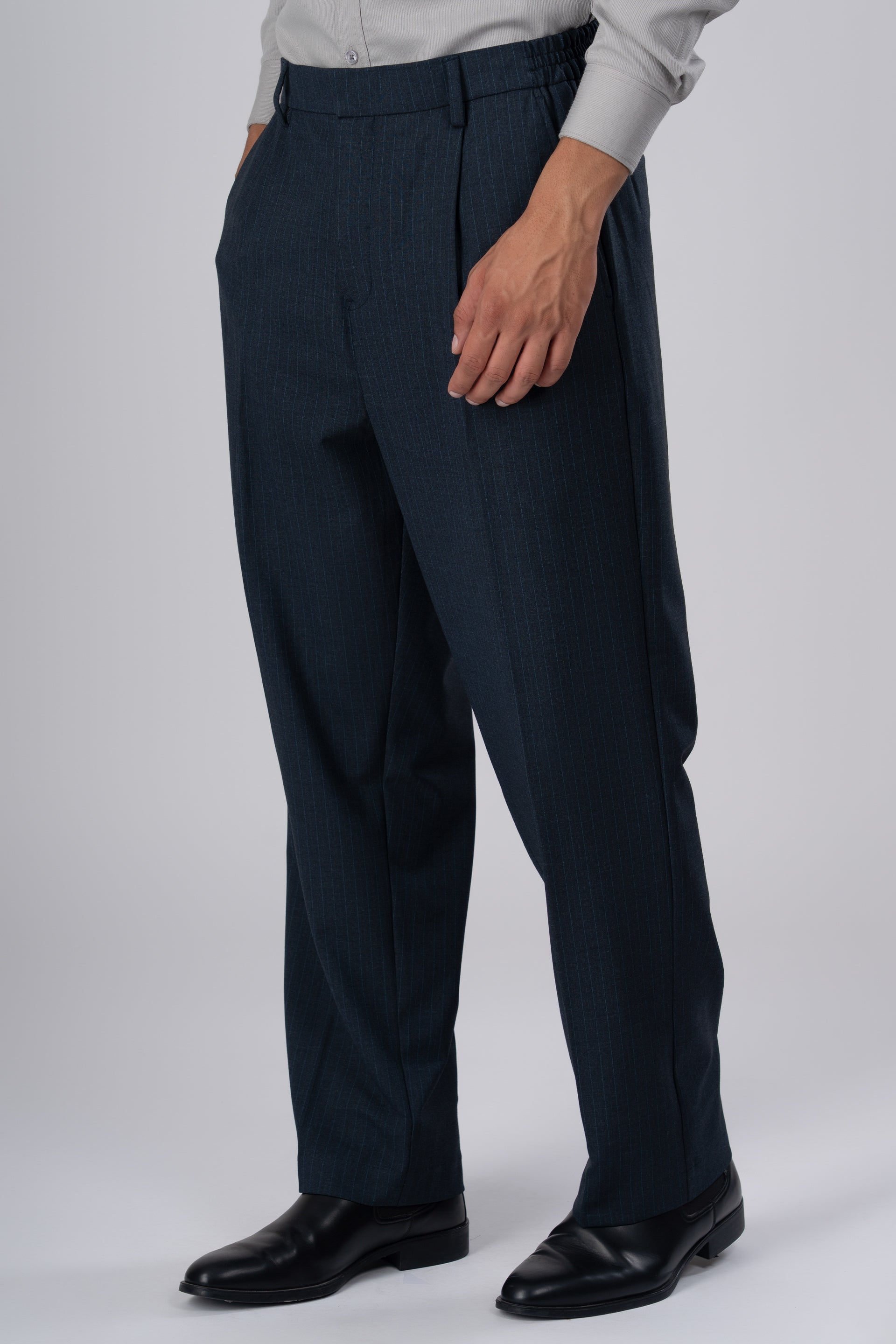 Soft Iron Flexi Pinstriped Relaxed Pant In Blue