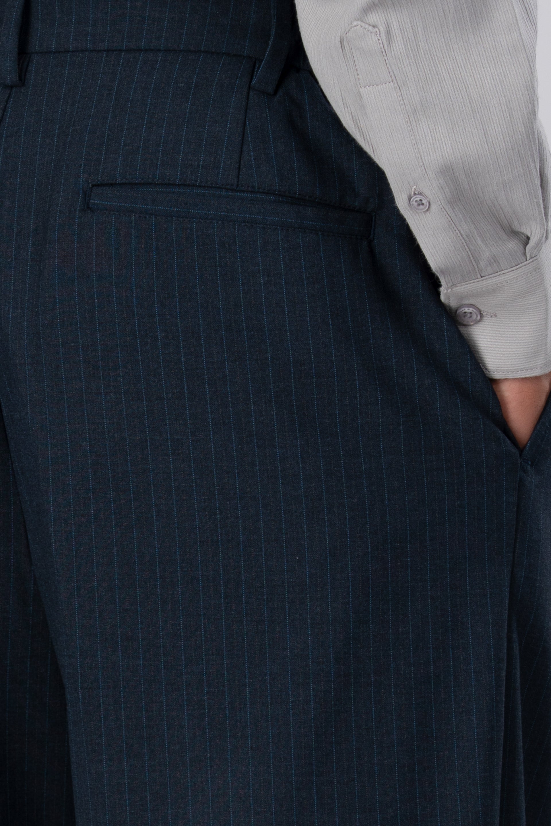 Soft Iron Flexi Pinstriped Relaxed Pant In Blue